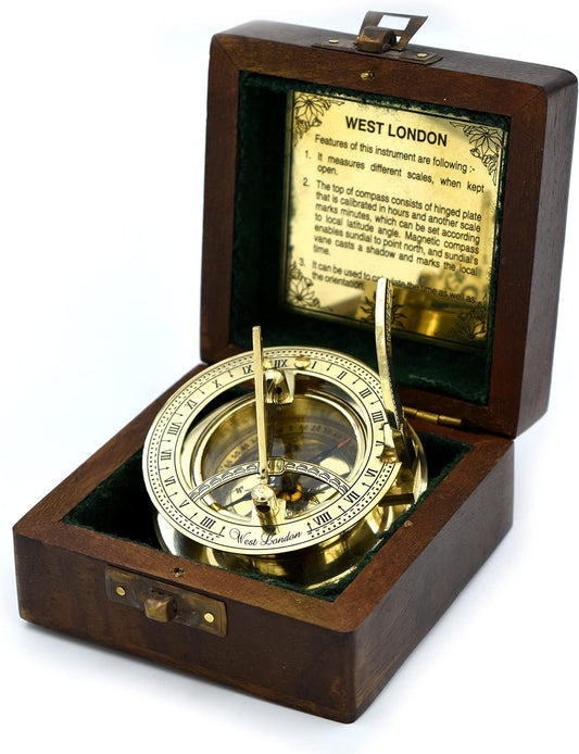 SARA NAUTICAL Antique Brass Sundial Compass, Sundial Clock in Box Gift Sun Clock Ship Replica Watch,Ship Decorations