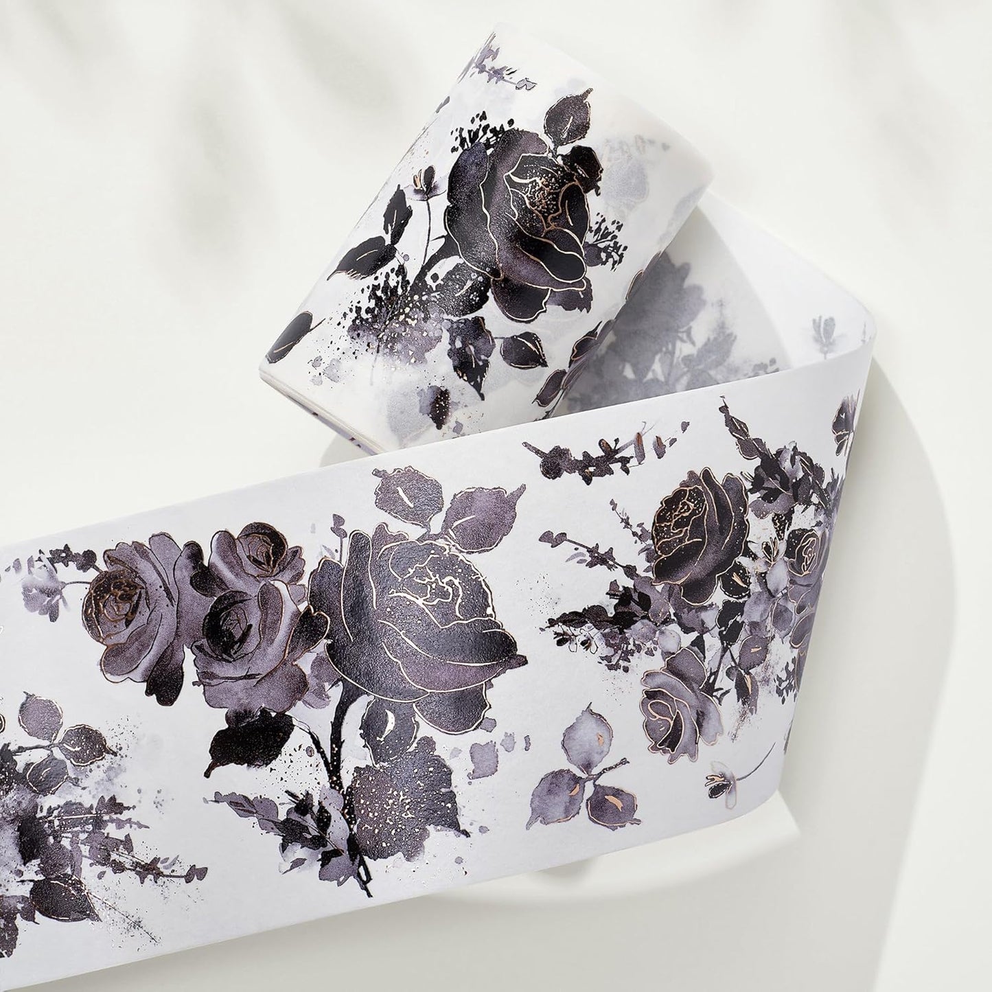 WT Rose Noir Wide Washi Tape Gilded, Single Roll, Original Designs, Black Flower Gold Foil Decors, Journal Scrapbook Bujo Planner DIY Crafts Supplies Gifts, Vintage Floral Adhesive Tape