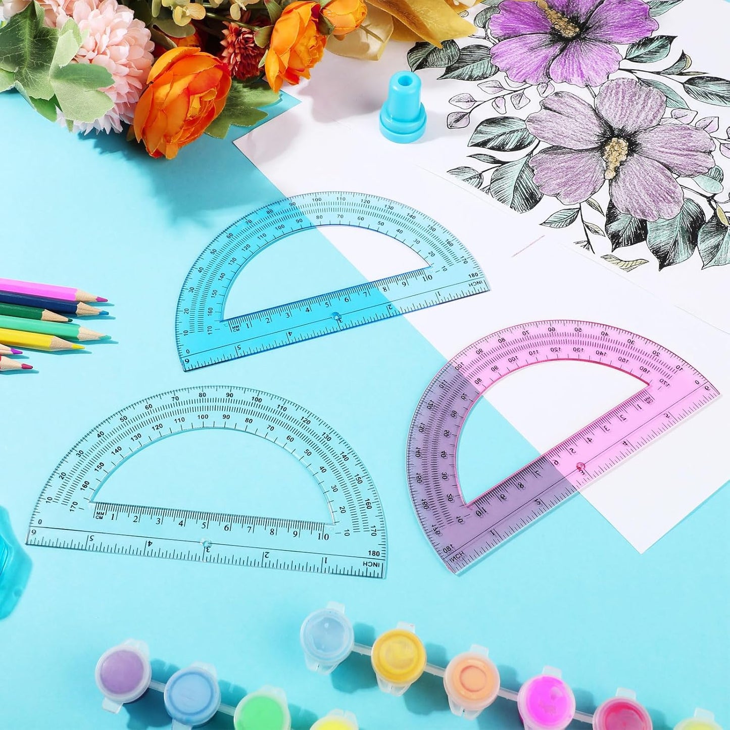 Zonon 36 Pack 6 Inch Plastic Protractor Back to School Protractors 180 Degrees Pink Blue Clear Protractors for Classroom Math Teacher Student Office Supplies