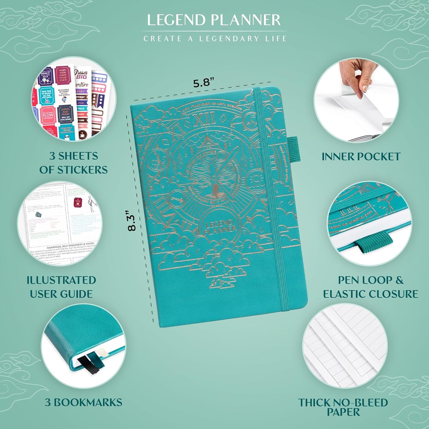 Legend Planner Hourly Schedule Edition – Deluxe Weekly & Daily Organizer with Time Slots. Time Management Appointment Book Journal for Work & Personal Life, Undated, A5 Hardcover – Viridian Green