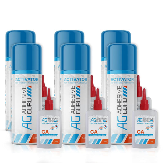 Adhesive Guru CA Glue with Activator Woodworking (6 x 0.9 oz - 6 x 3.38 fl oz) Cyanoacrylate Super Glue for Plastic, Glass, Ceramic, DIY, 3D Printing (6 Pack)