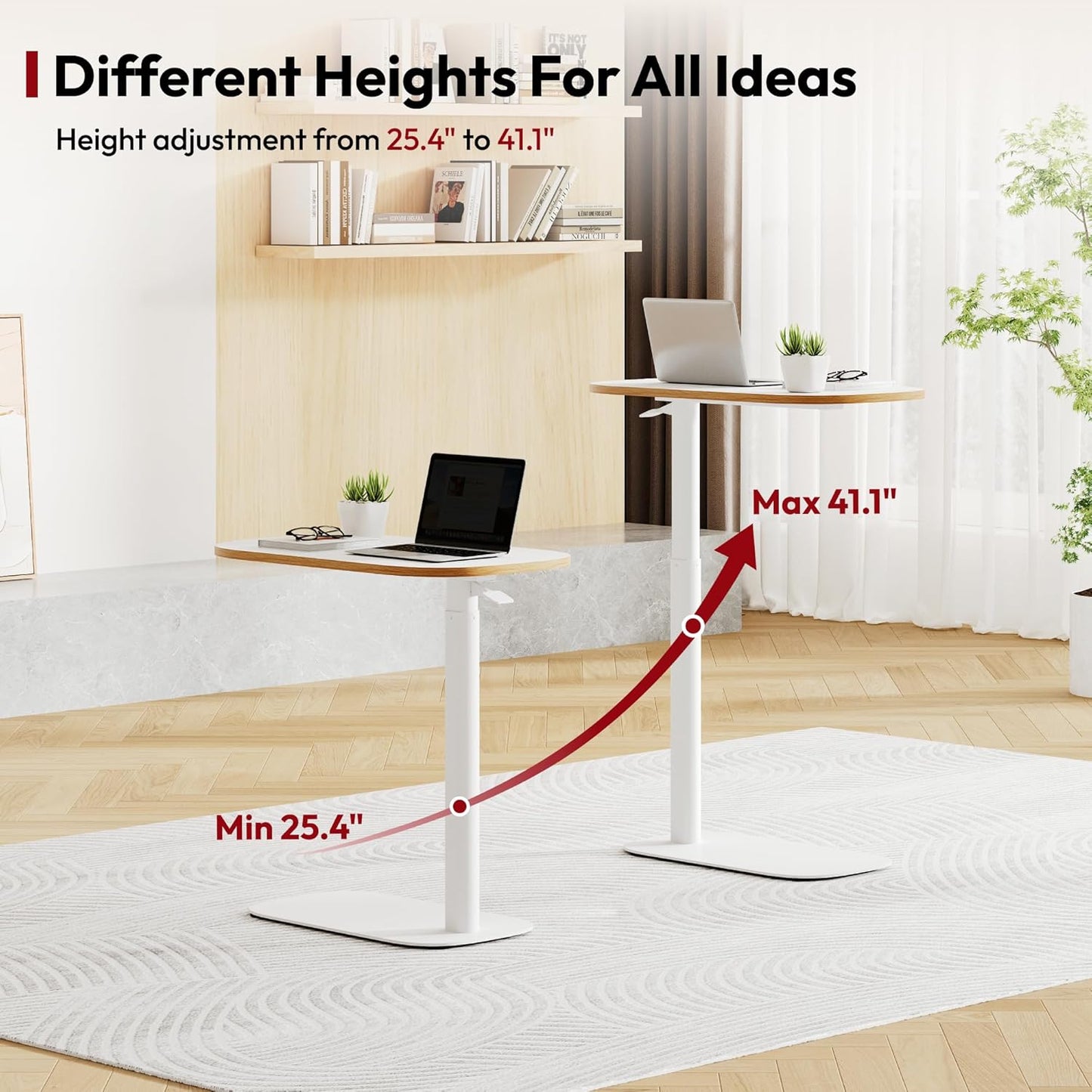 SANODESK Small Standing Desk Pneumatic Height Adjustable Small Sit Stand Desk Laptop Desk Overbed Table Computer Cart for Home Office Computer Workstations(23.6" W x 13.8" D,White+Maple Band)