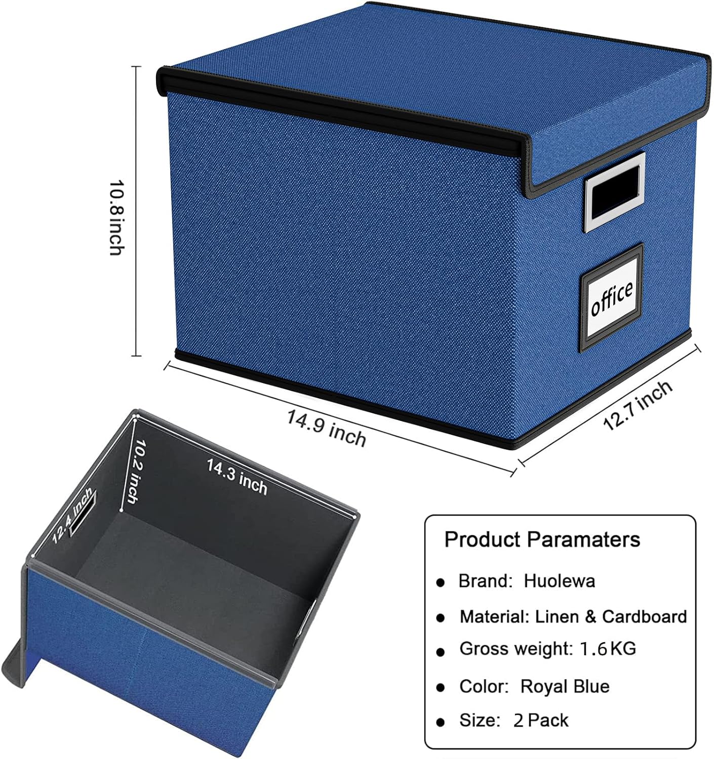 Huolewa Decorative File Organizer Boxes Office Document Storage with Lids, Portable Collapsible Linen Hanging Filing & Storage Boxes for Office/Decor/Home (Royal Blue) -14.9 x 12.7 x 10.8 inch -2 Pack