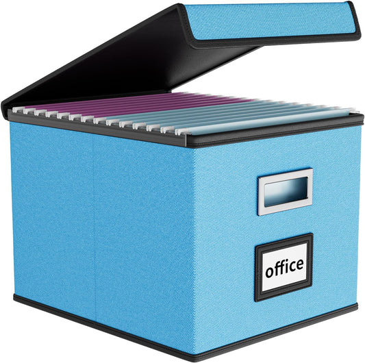Huolewa Portable File Organizer Box Office Document Storage with Lid, Linen Hanging Filing Storage Boxes, Decorative Home/Office Filing System for File and Folders Storage (Sky-blue)
