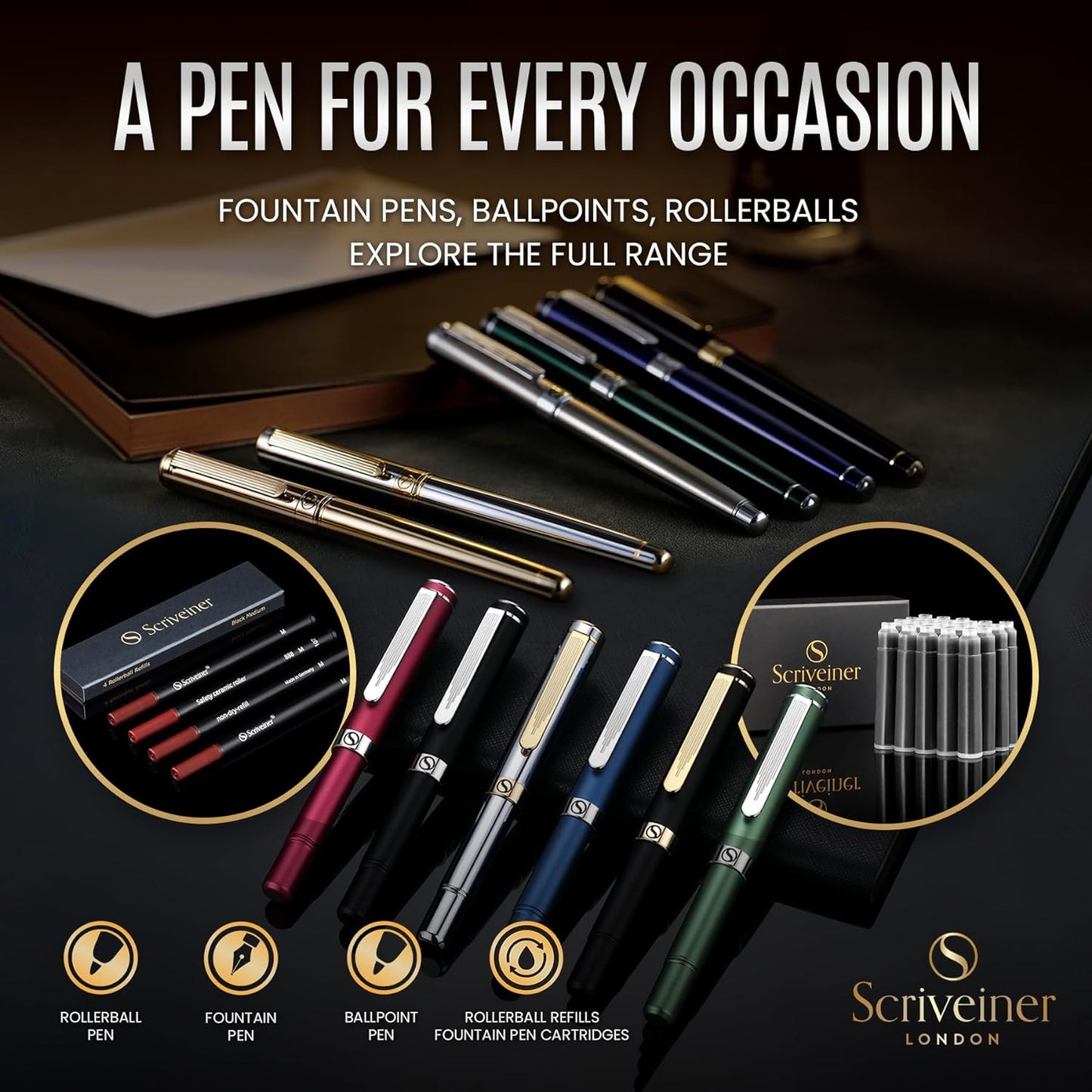 Scriveiner Personalized Deep Crimson Red Pen - Stunning Red Lacquer Luxury Pen with Chrome FinishGerman Schmidt Nib (Medium), Best Engraved Fountain Pen Gift Set for Men & Women, Name Engraving