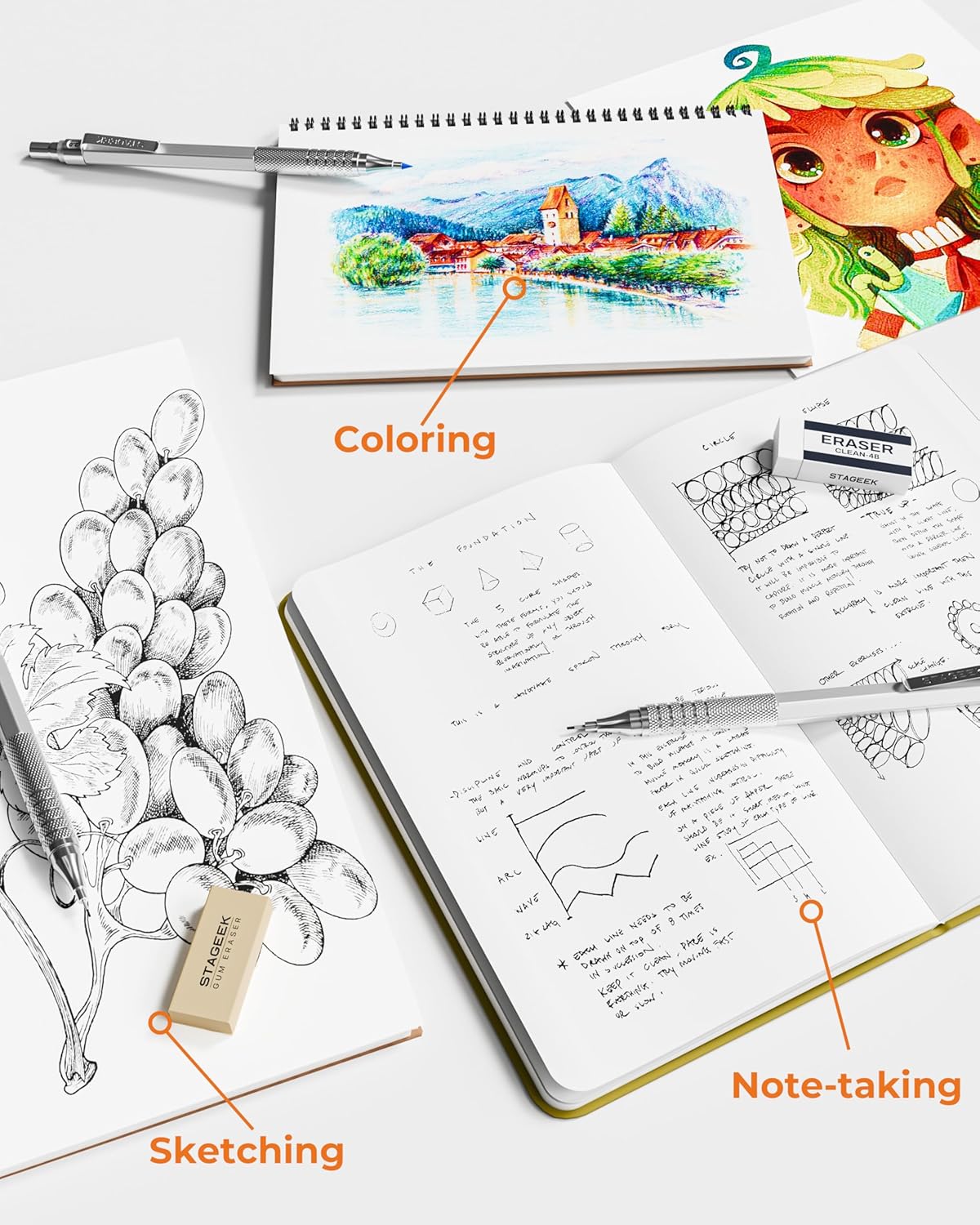 Metal Mechanical Pencil Set in Leather Case, 5PCS Art Drafting Pencil 0.3, 0.5, 0.7, 0.9 & 2mm Lead Holder, 9 Tube (4B 2B HB 2H Colors) Lead Refills for Drawing, Sketching, Writing (Silver)