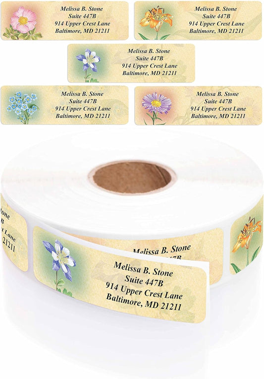 Antique Floral Designer Assorted Rolled Address Labels with Elegant Plastic Dispenser