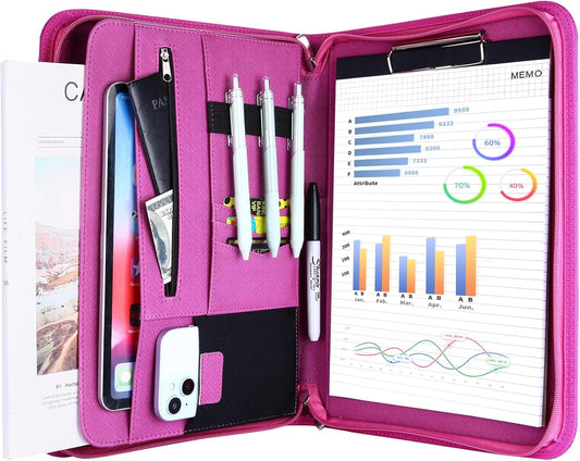 ProCase Portfolio Business Padfolio Folder with Zipper, Conference Meeting Executive File Legal Document Organizer with Pockets Letter Size A4 Writing Pad Notepad Padfolio -Magenta