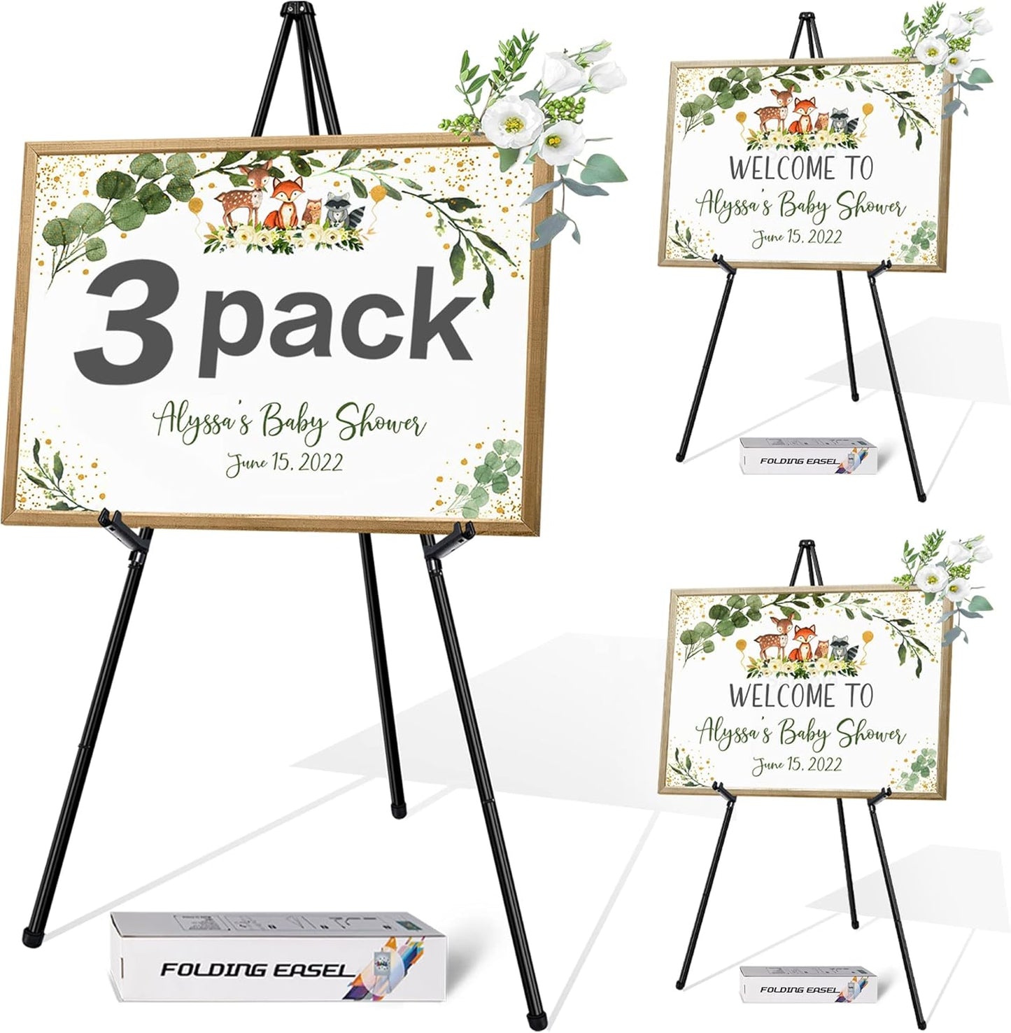 63" Display Easel Stand - 3Packs Art Easels for Wedding Sign Poster Stand Folding Floor Adjustable Metal Black Easel Instant Tripod Easel for Painting Wedding Welcome Sign Stand