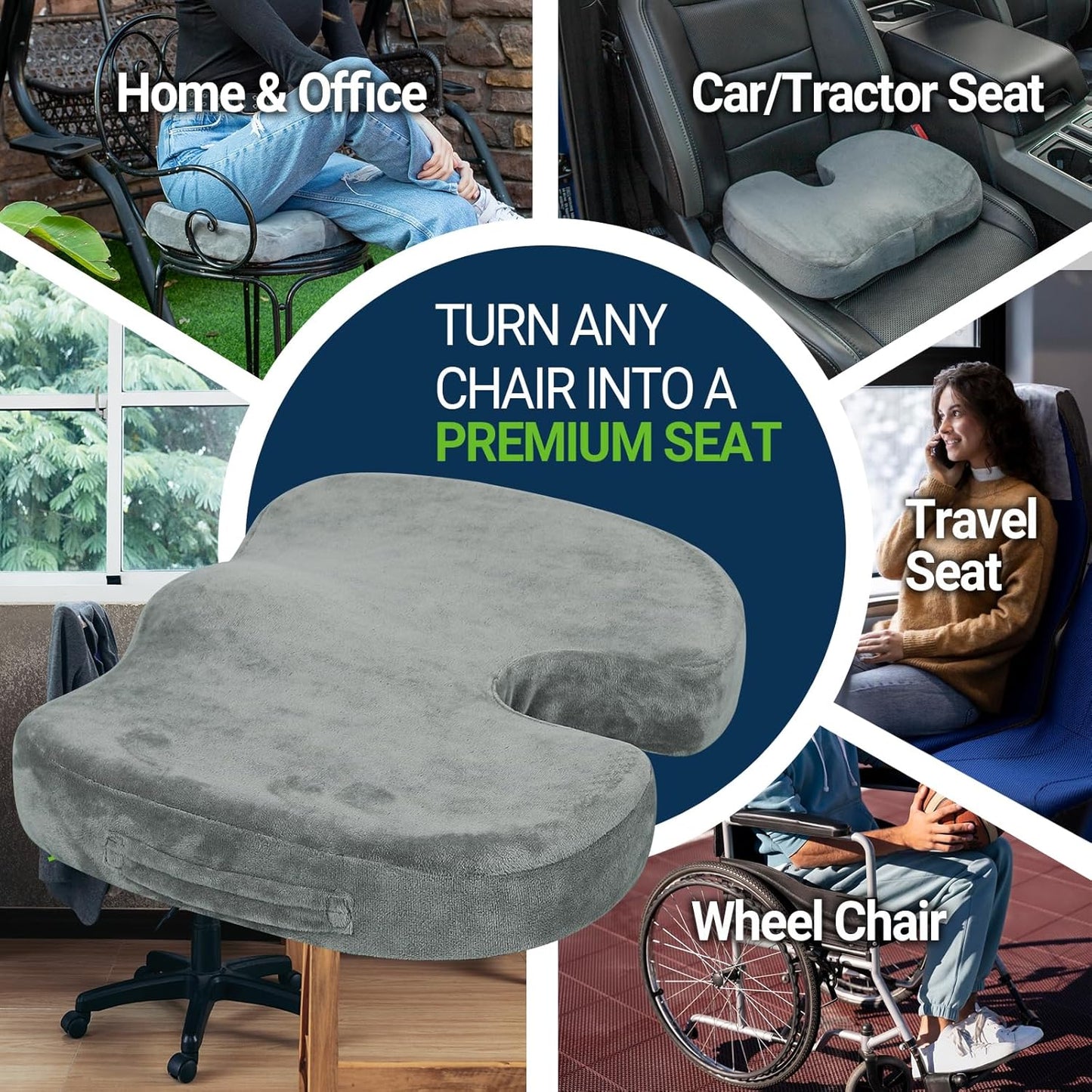 Gel Seat Cushion – Office Chair Cushion – Non-Slip Gel Memory Foam Coccyx Cushion for Tailbone Pain - Desk Chair Car Seat Cushion Driving - Sciatica Back Pain Relief, Velvet, Grey