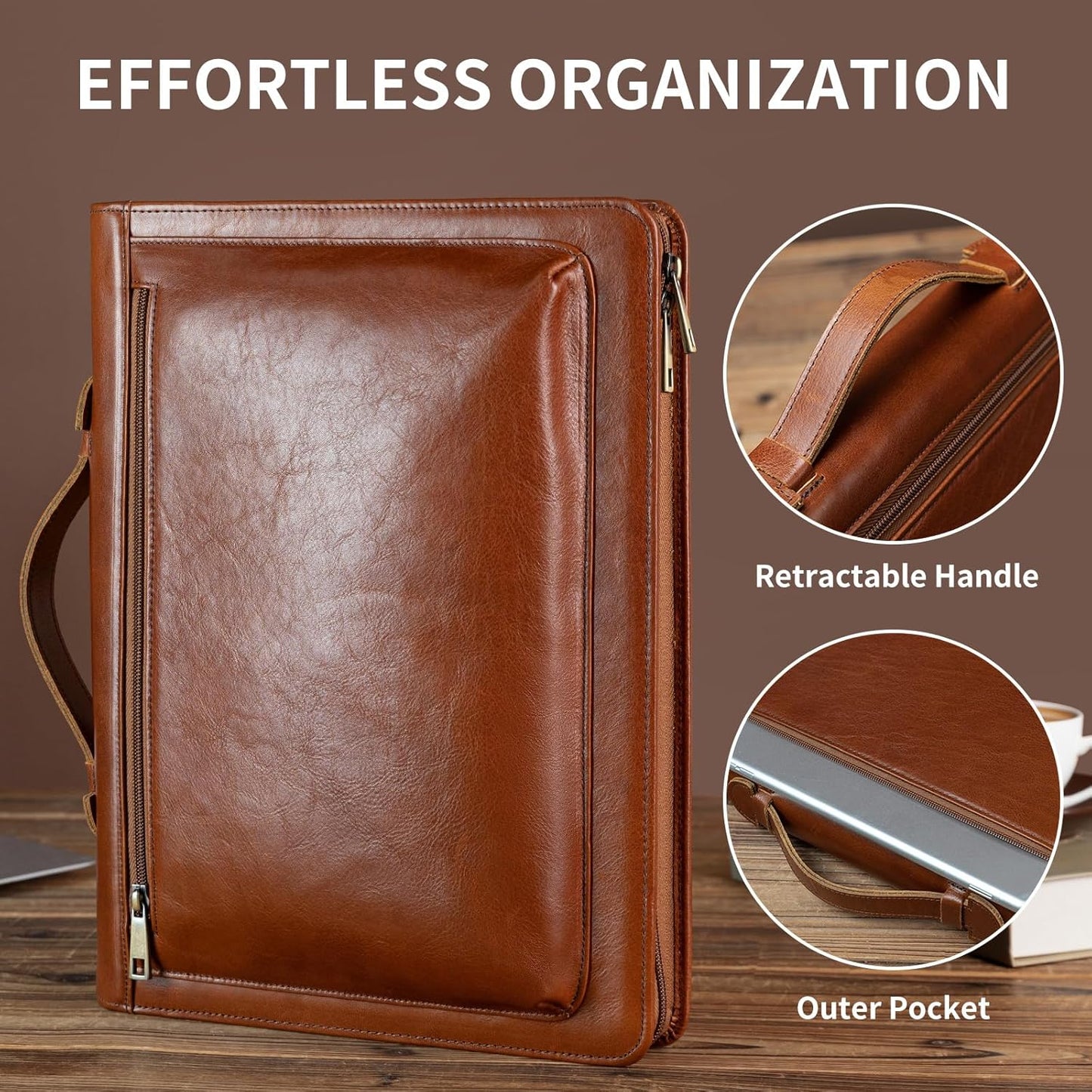 Handmade Vintage Crazy Horse Leather Portfolio Letter (A4) Size Notepad,Business Organizer Padfolio with Handle, for iPad Pro/Microsoft Surface Pro/13 inch Tablet (Non-Custom, Oil Wax-Brown)