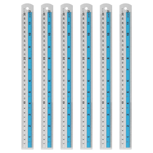 HARFINGTON 6pcs Metal Straight Ruler 30cm Metric SAE Aluminum Alloy Measuring Rulers Scale Tools with Hole for Measure Study Reading Classroom Office, Blue