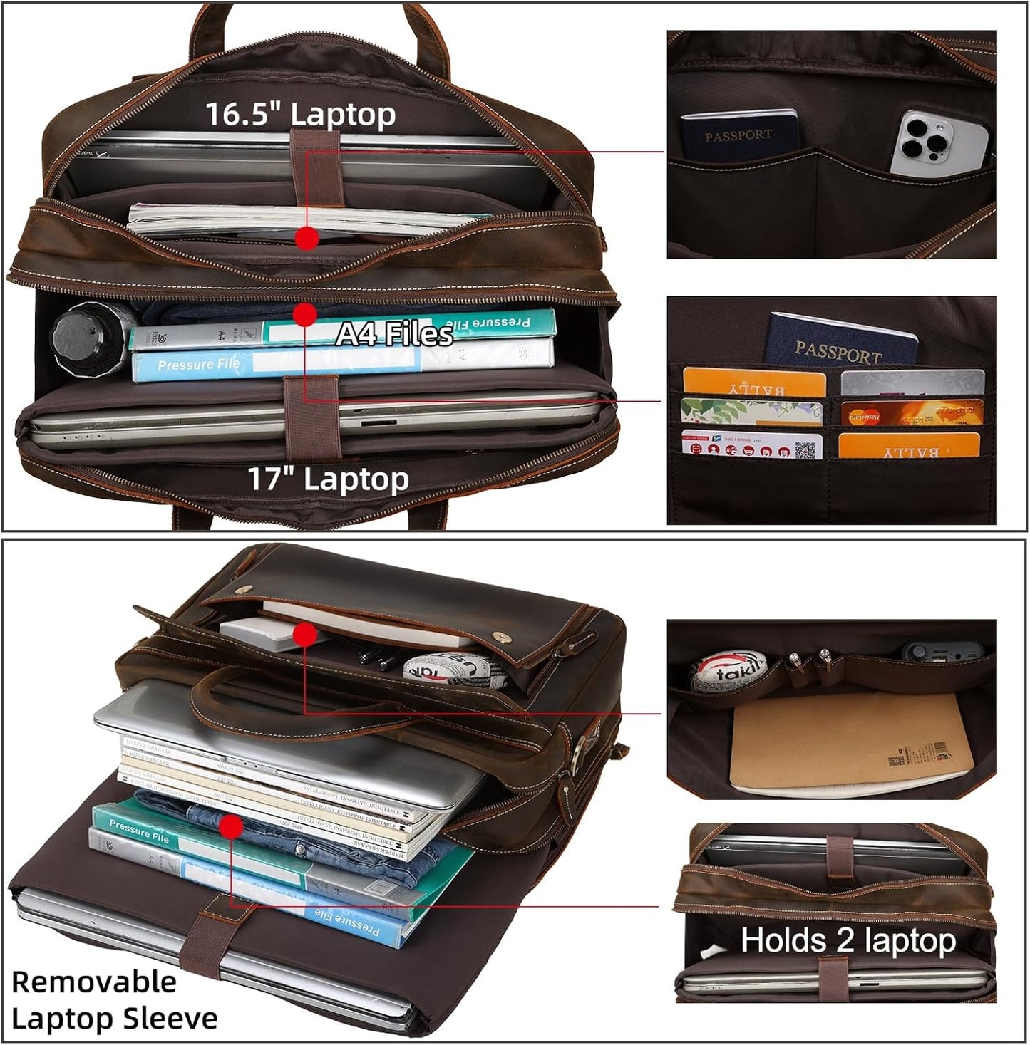 Masa Kawa Leather Briefcase for Men 15.6", 17" Laptop Computer Case Business Travel Work Messenger Cross Body Shoulder Bag