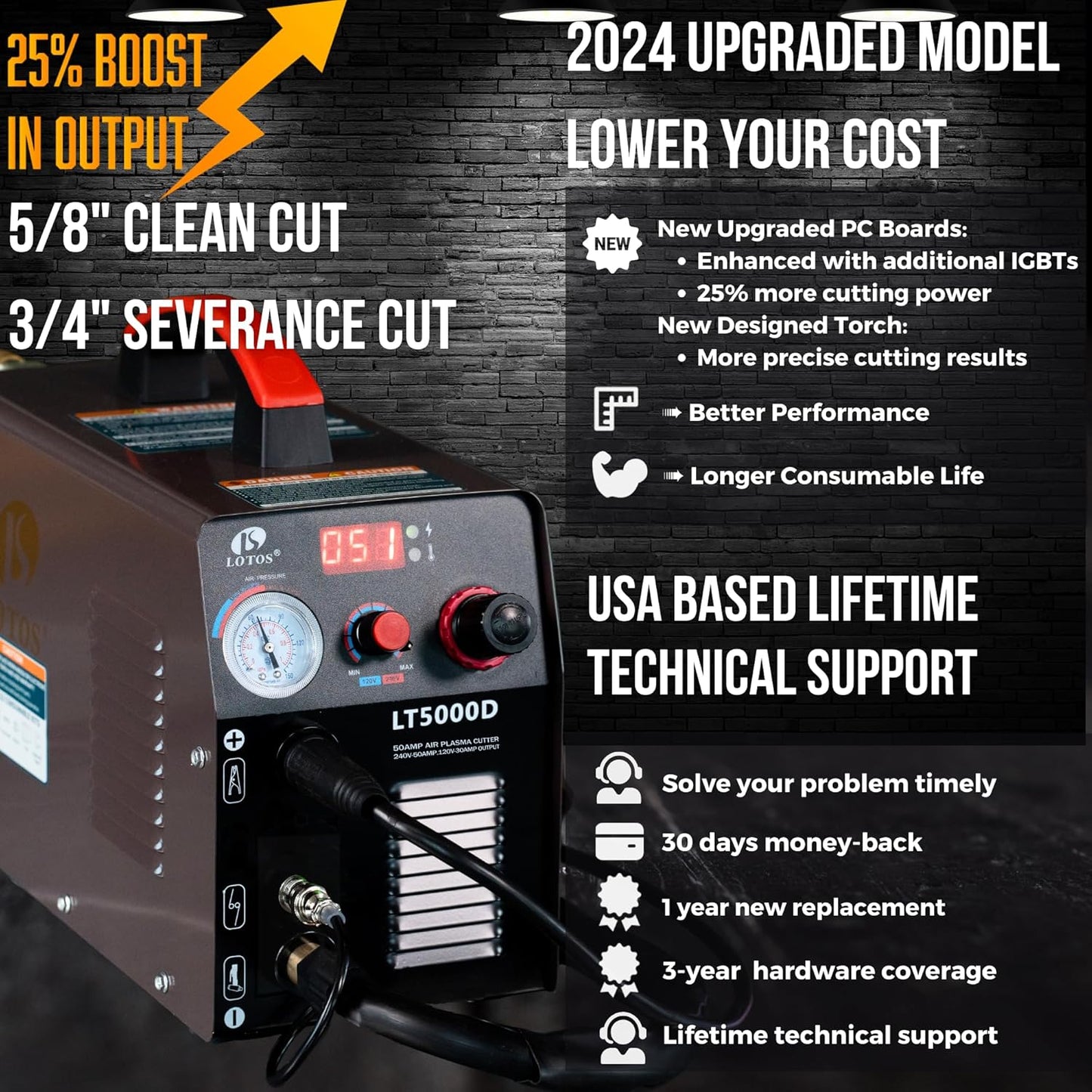 LOTOS LT5000D Plasma Cutter, 2024 Upgraded 5/8 inch 16mm Clean Cut 3/4 inch 20mm Severance Cut 50A Plasma Metal Cutter Machine, Plasma Cutting Equipment, Dual Voltage 120V or 240V, Brown
