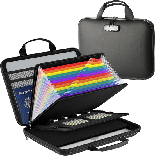 Fireproof Document Box Hard-shell with password lock Accordion File Organizer Comes With 13 Pockets File Box Used For Passports, Certificates, Laptops, Cash, And Important Documents