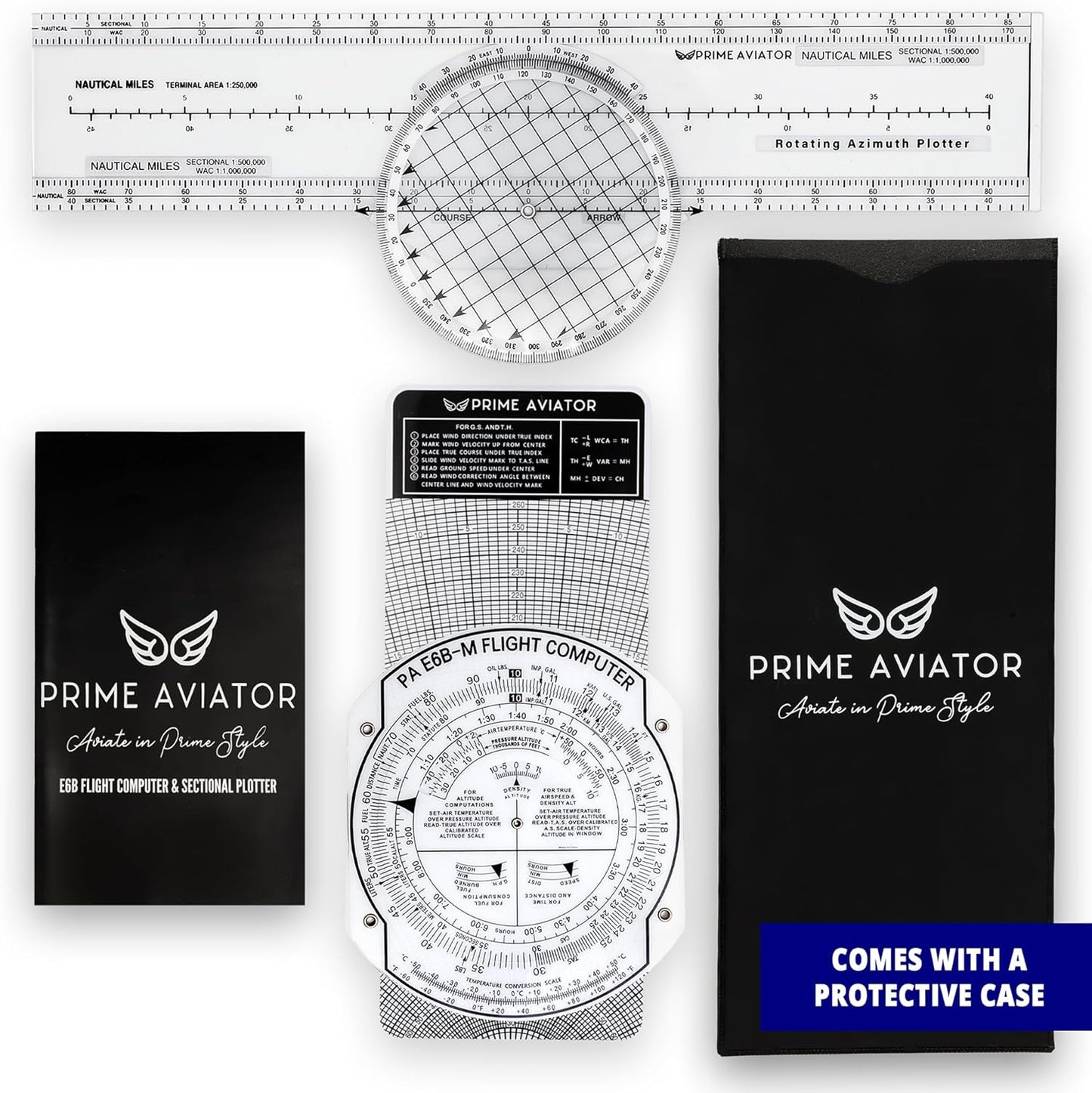 E6B Flight Computer for Pilots – Includes Aviation Plotter, Guidebook & Case – Compatible with IFR/VFR Charts – Flight Training Tool