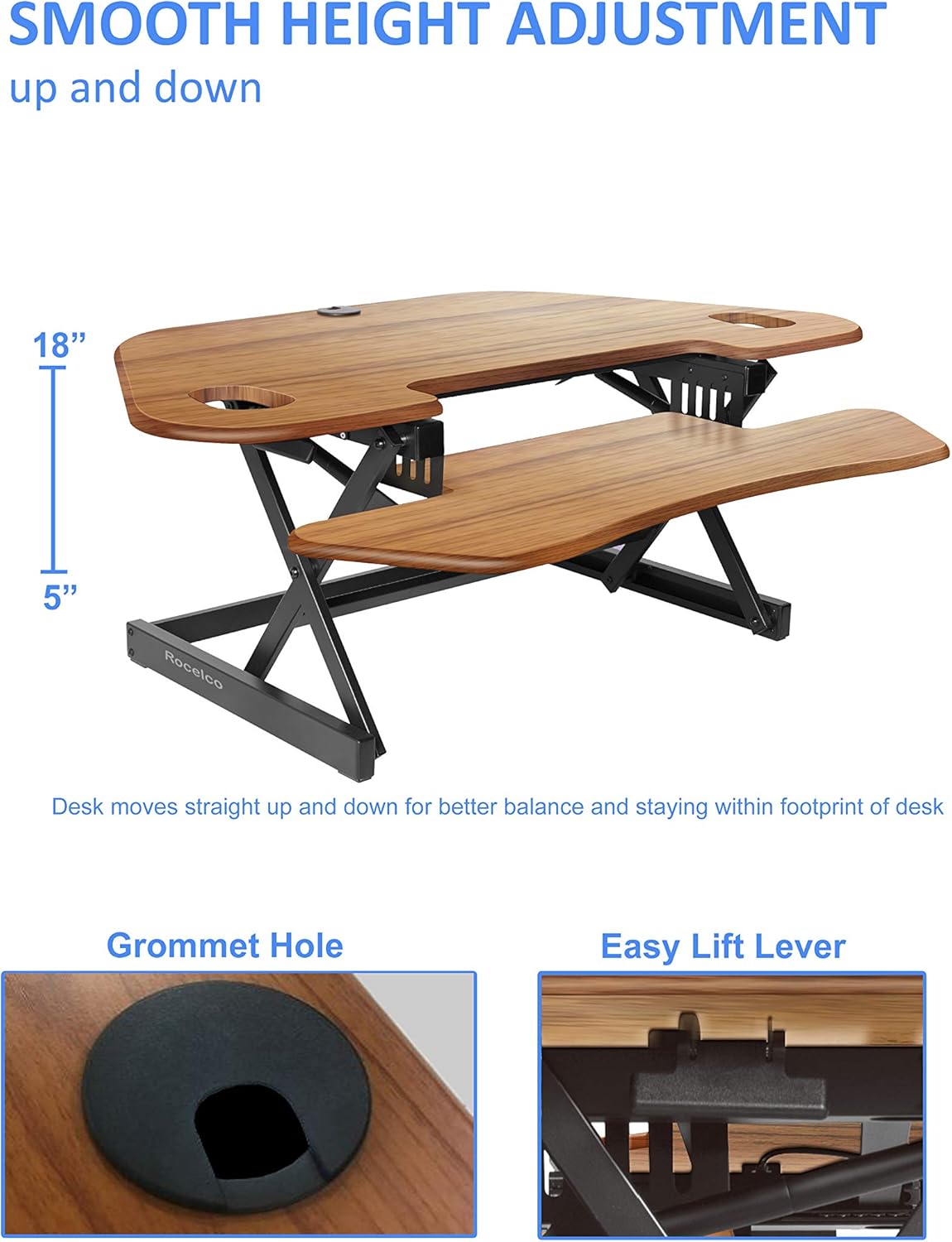 Rocelco 46" Large Height Adjustable Corner Standing Desk Converter - Quick Sit Stand Up Dual Monitor Riser - Gas Spring Assist Computer Workstation - Wide Keyboard Tray - Teak Wood Grain (R CADRT-46)