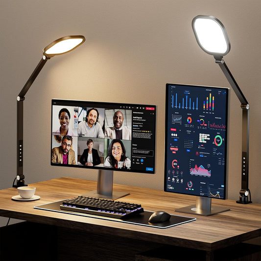 2 Packs Led Desk Lamps for Home Office, 1200LM Dimmable Clamp-on Desktop Light, Adjustable Swing Arm Ring Light with Stand, Memory & Timer Function, Eye-Caring Design