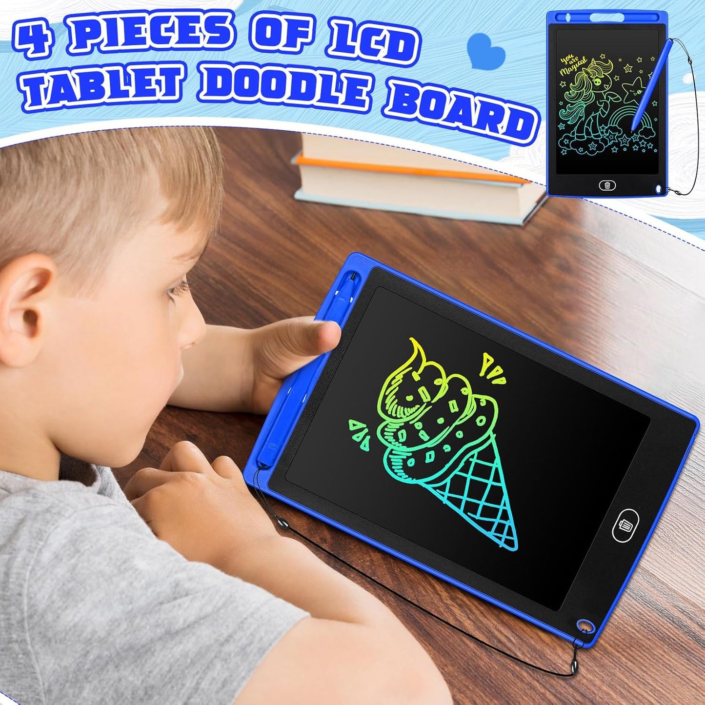 Zonon 4 Pcs LCD Writing Tablet 8.5 Inch Doodle Board Tablet Drawing Gifts LCD Writing Board Electronic Erasable Reusable Colorful Screen Pad(Blue)