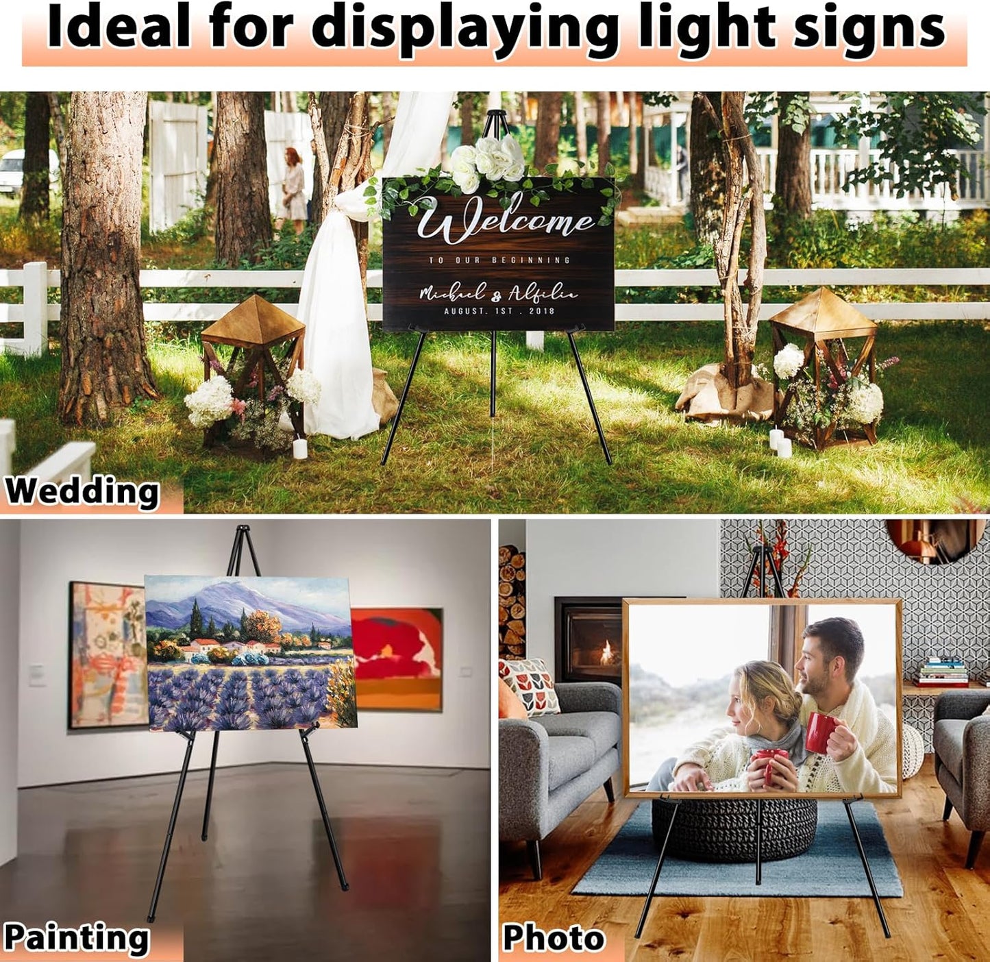 Easel Stand for Display Wedding Sign - 63" Foldable Easel Portable Artist Floor Easel - Easy Folding Telescopic Adjustable Art Poster Metal Stand (2 Pack)
