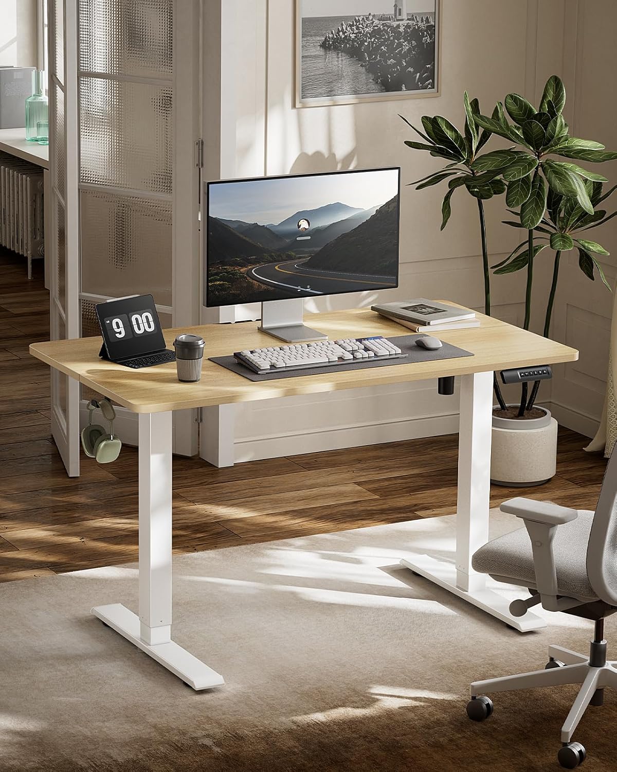 Marsail Electric Standing Desk,Adjustable Height Stand up Desk, 40 x 24 Inch Home Office Furniture Computer Desk, 4 Memory Preset with Headphone Hook, Cable Organizer, Maple
