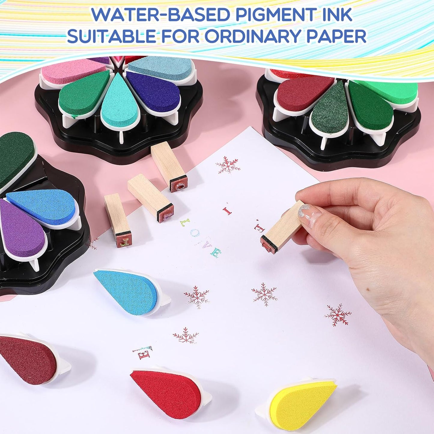 Jetec 12 Packs Petal Ink Pads Finger Ink Stamp, Rainbow Rubber Stamps Washable Waterdrop Shaped Stamp Pads for Card Making, Scrapbook, Painting (96 Colors)
