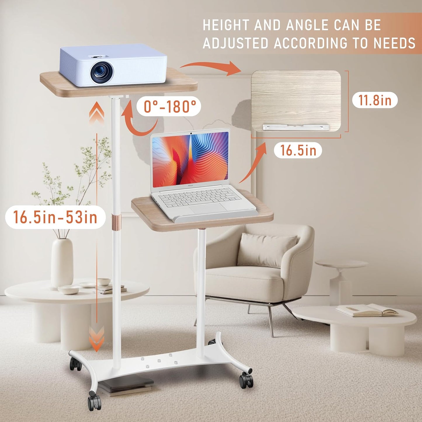 2 Shelves Projector Stand, Mobile Laptop Cart on Wheels Projector Stand Adjustable Height 20 to 53 Inches, Overbed Table with 5 Lockable Casters, Rolling Laptop Floor Stand for Couch (White)