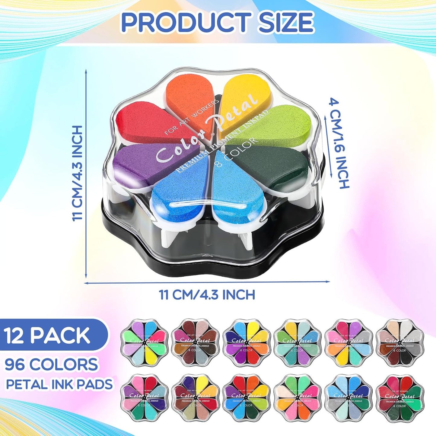Jetec 12 Packs Petal Ink Pads Finger Ink Stamp, Rainbow Rubber Stamps Washable Waterdrop Shaped Stamp Pads for Card Making, Scrapbook, Painting (96 Colors)