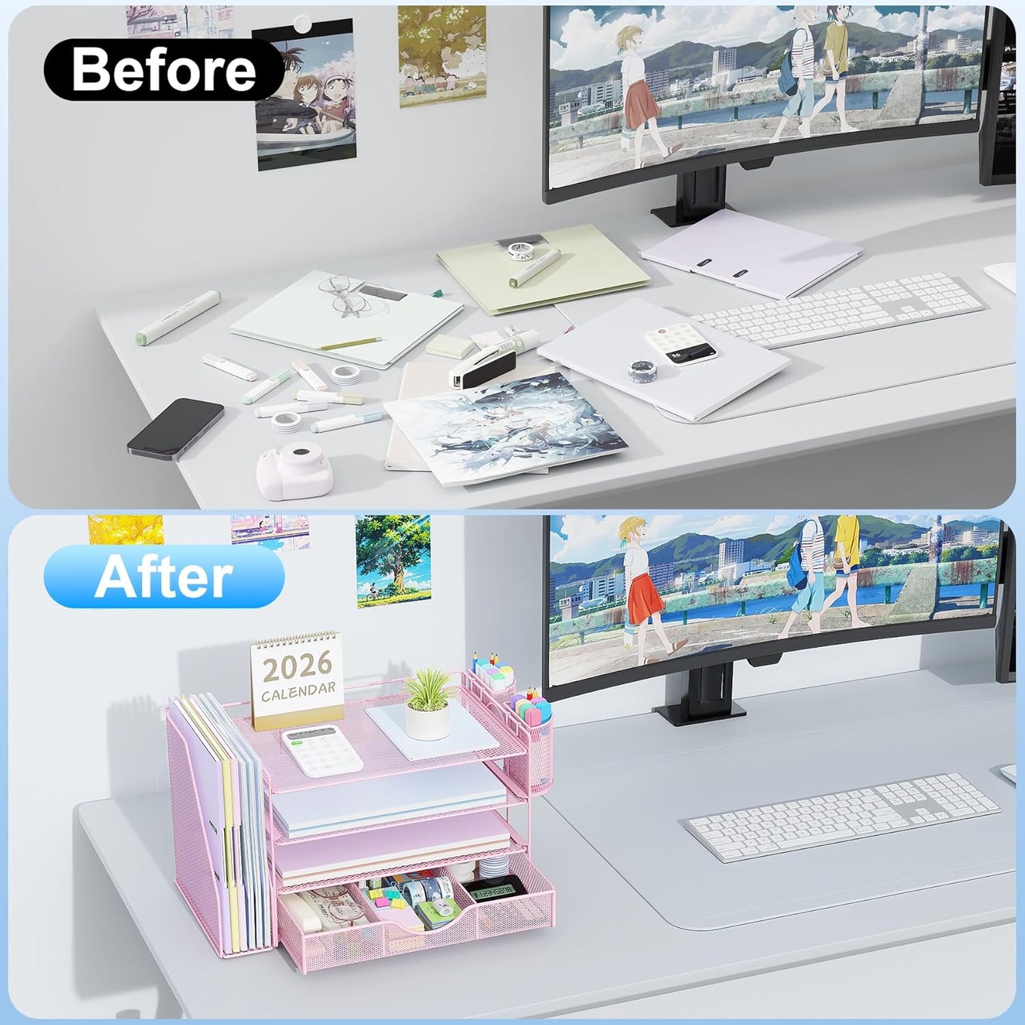 gianotter Desk Organizers and Accessories with File Holder, 4-Tier Desk Accessories & Workspace Organizers with Drawer and 2 Pen Holder, Paper Organizer for Office Supplies (Pink)