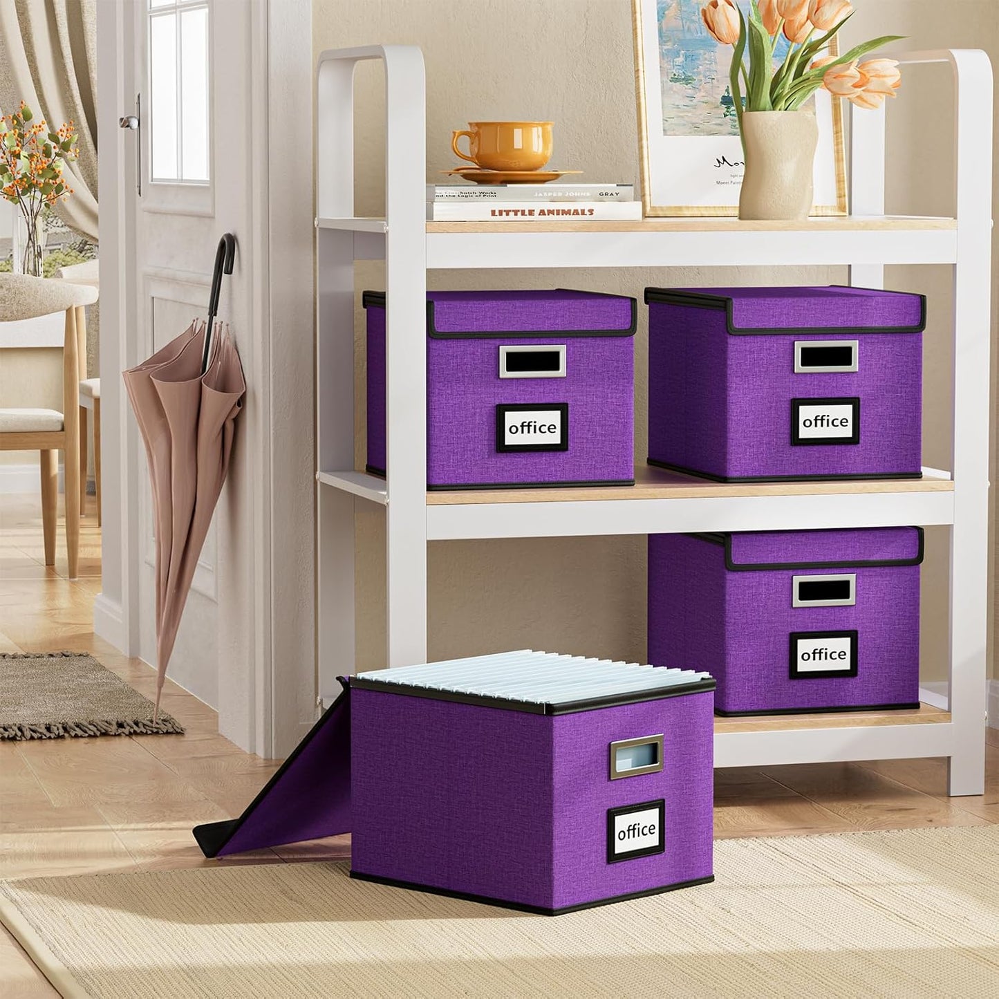 Huolewa Upgraded File Organizer Boxes with Lids, Linen Hanging Filing & Storage Boxes with Plastic Slides for Office/Decor/Hom, Universal Hanging Filing Organization Boxes for Letter/Legal Folder