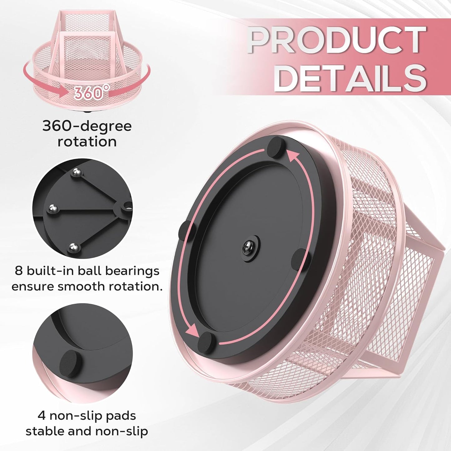 YINGHUA Metal Mesh Desk Organizer with 5 Compartments and Rotating Pencil Holder Pen and Stationery Organizer for Office Home School Anti Slip Base Pink