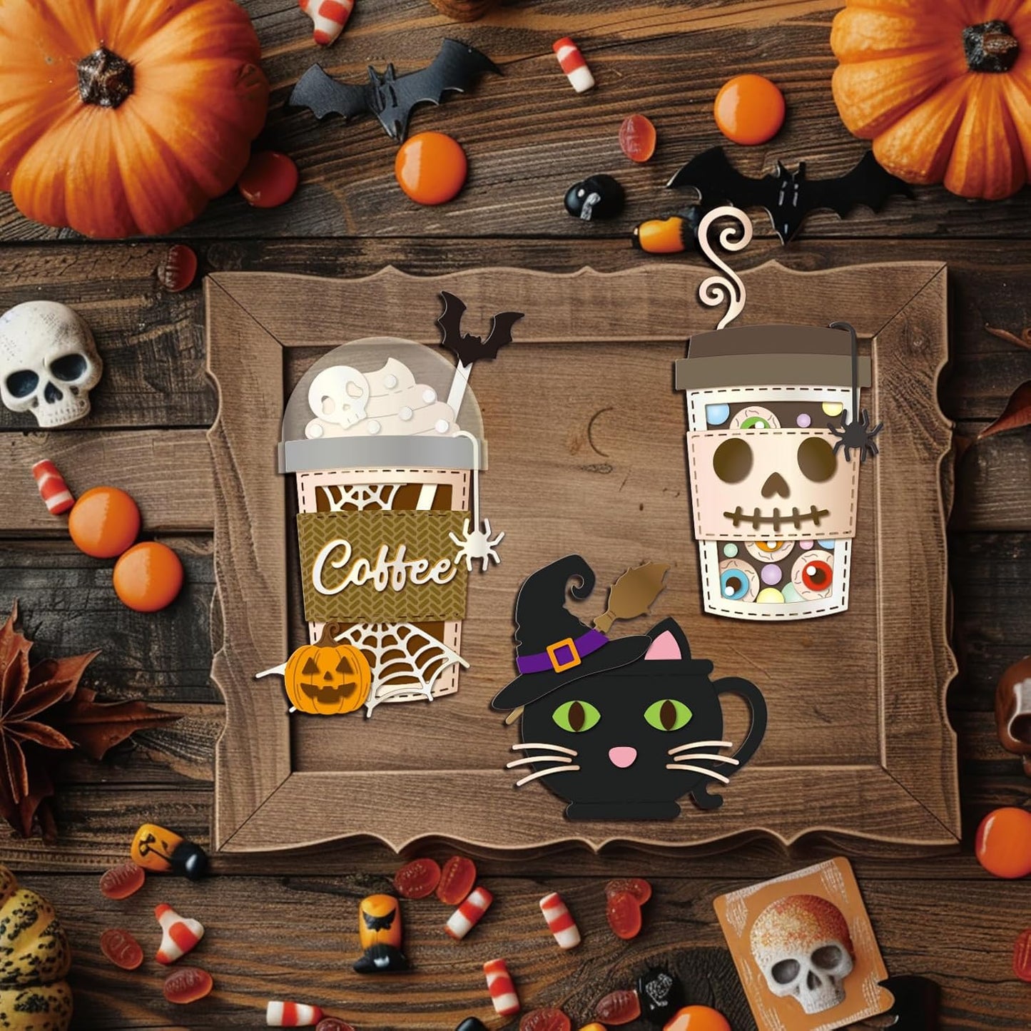 GLOBLELAND Halloween Pumpkin Coffee Cup Cutting Dies for Card Making Cat Ghost Bat Cut Die for DIY Scrapbooking Journal Embossing Paper Craft Decor