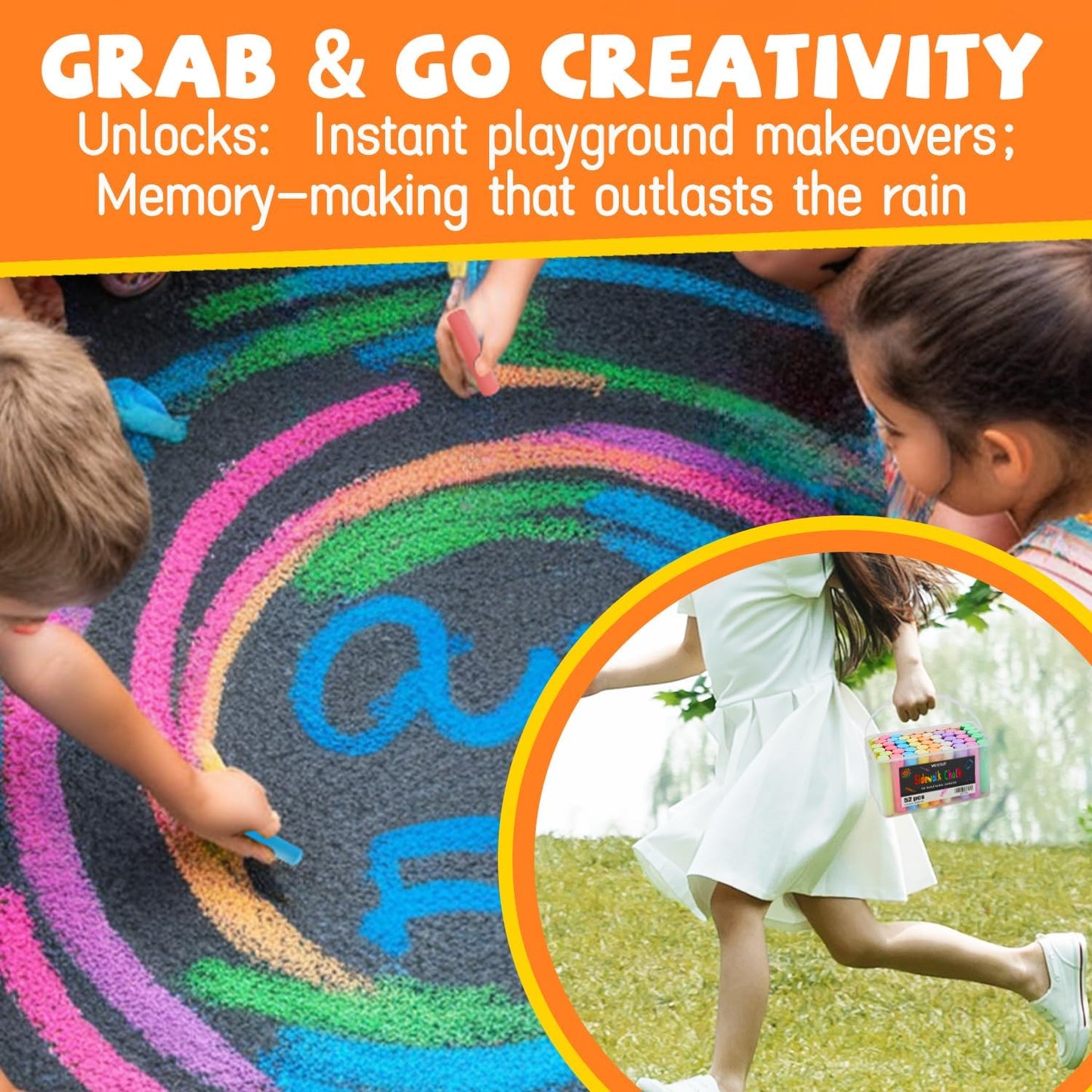 VEESA Sidewalk Chalk for Kids (52 PCS), Washable & Non-Toxic, 10 Colors Jumbo Chalk Bulk for Chalkboard, Blackboard, Driveway, Playgroud, Outdoor Actitvities