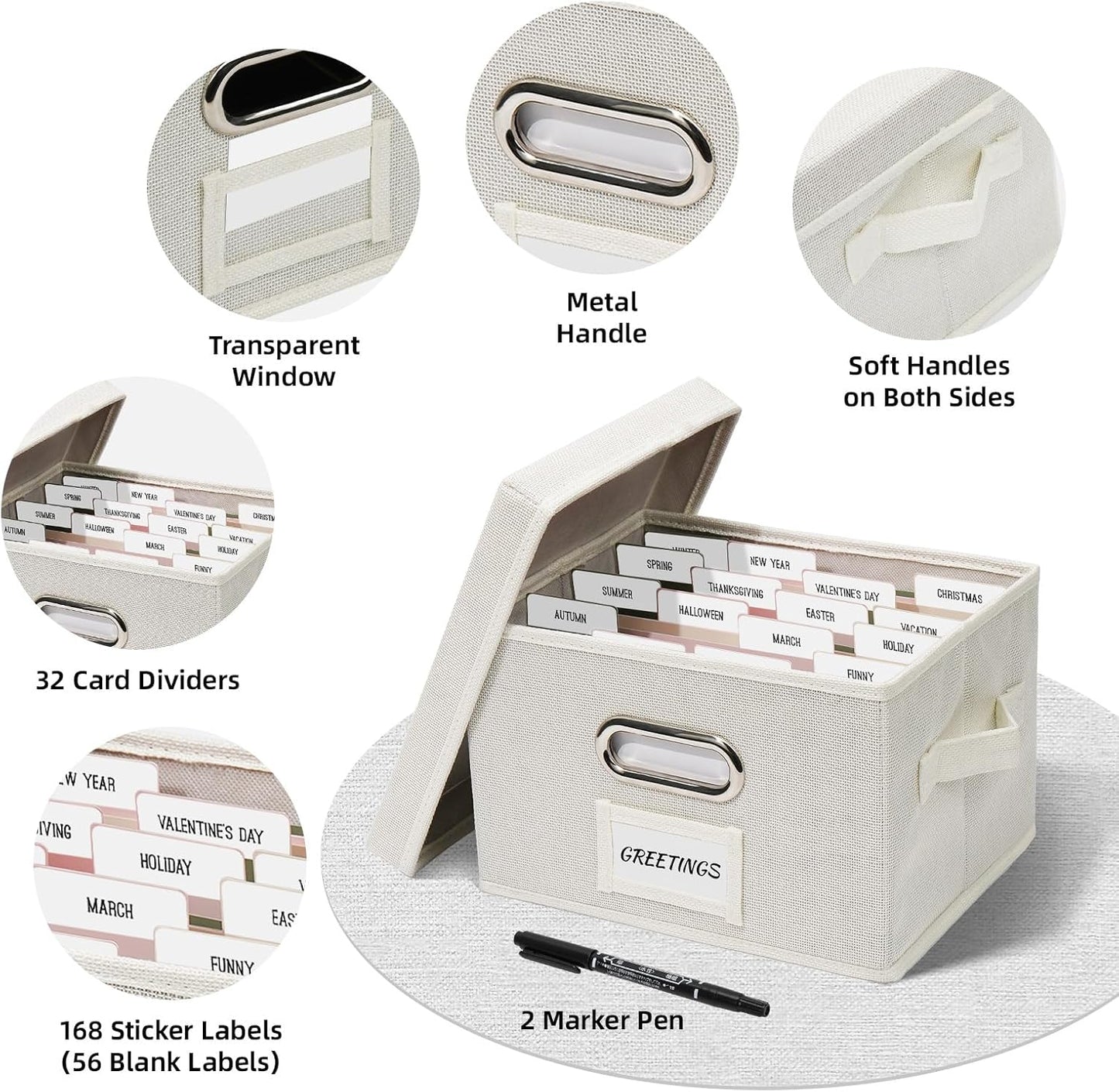 Greeting Card Storage Box, Linen Storage Box with 32 Adjustable Dividers, 168 Labels, 2 Marker Pen, Perfect for Organizing Greeting Cards, Envelopes, Photos 2 Pack Ivory