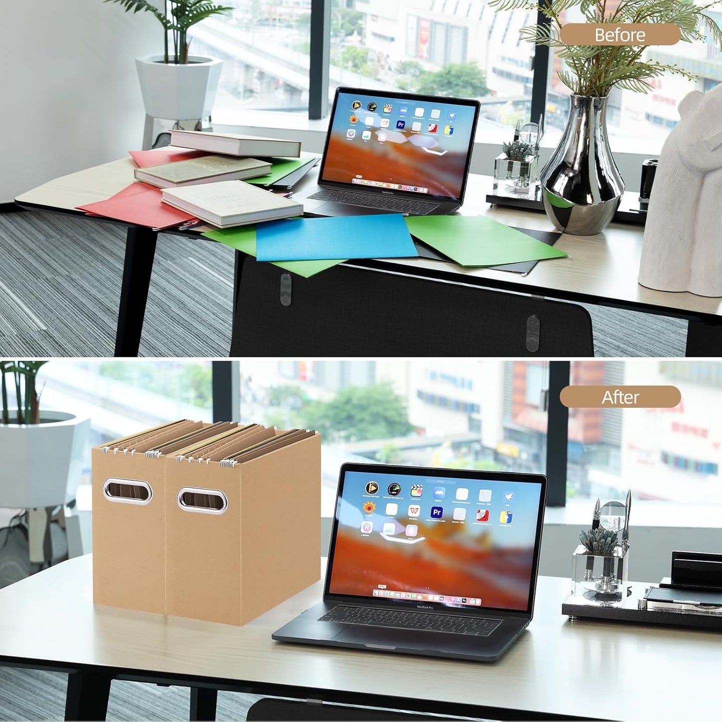 Oterri File Organizer, 4 Packs Small Storage Box, Cardboard File Folder Organizer, Collapsible File Box for Hanging File Folders Letter Size, Portable Filing Organizer with Handle (Brown)