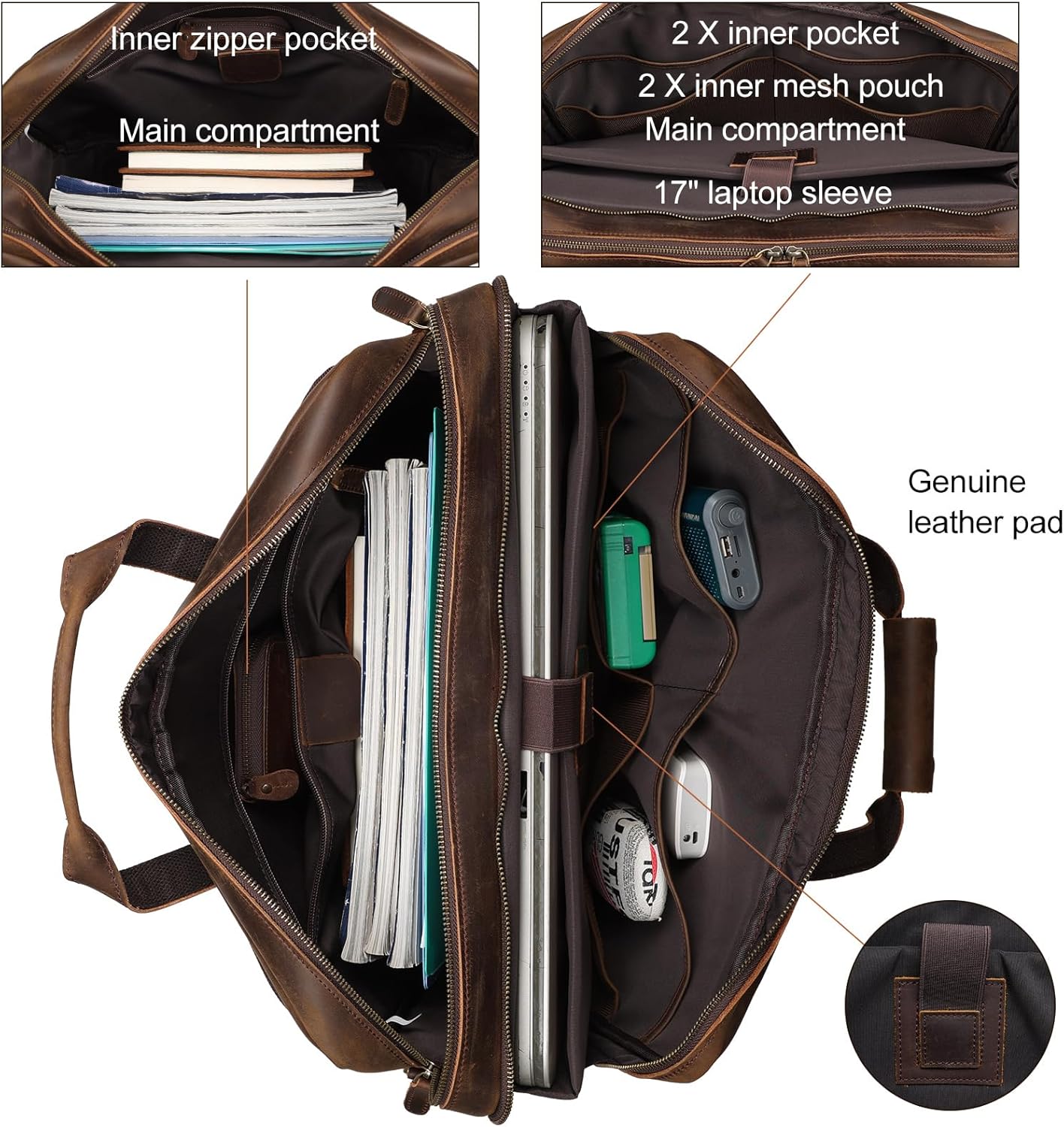 Leather Briefcase for Men 17 Inch Laptop Crossbody Shoulder Messenger Bag Attache Case for Business Travel Work Lawyer