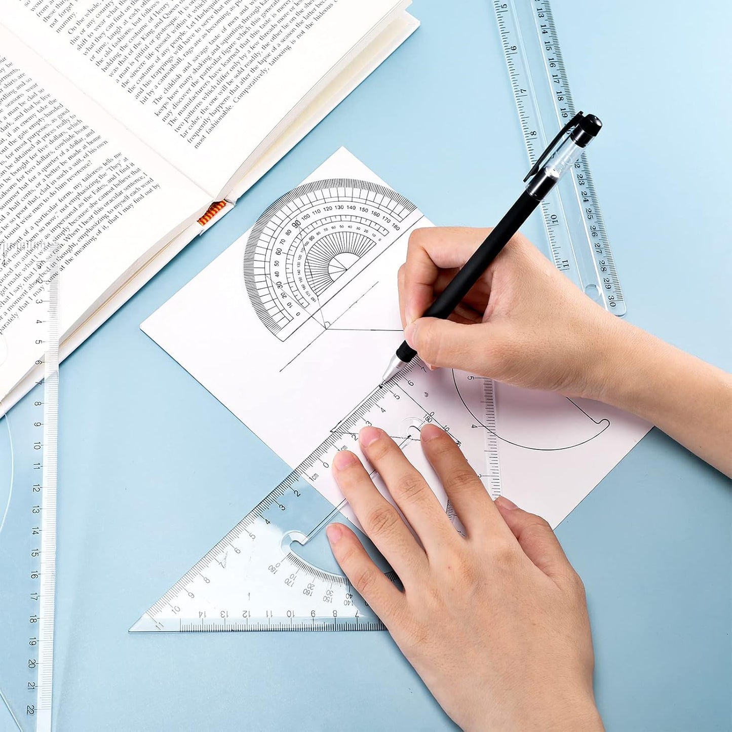 Frienda 5 Pieces Drafting Tools 12 Inch T-Square Ruler Plastic Transparent Drawing Ruler 180 Degree Protractor, 2 Triangles and a French Curve for Students and Engineering Drawing