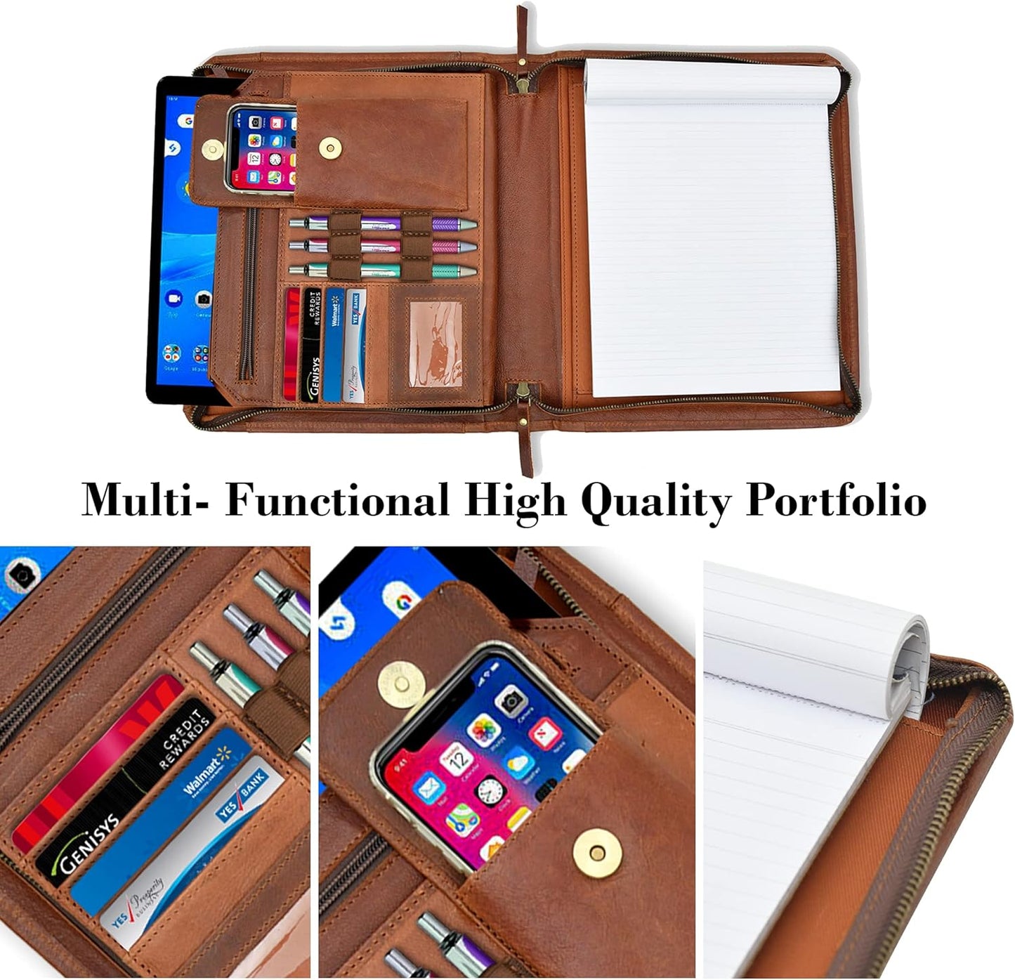 Full Grain Leather Business Portfolio Padfolio Document Organizer with Writing Pad Resume Professional Interview Zipper Writing Notepad Folder for Women Men Cognac