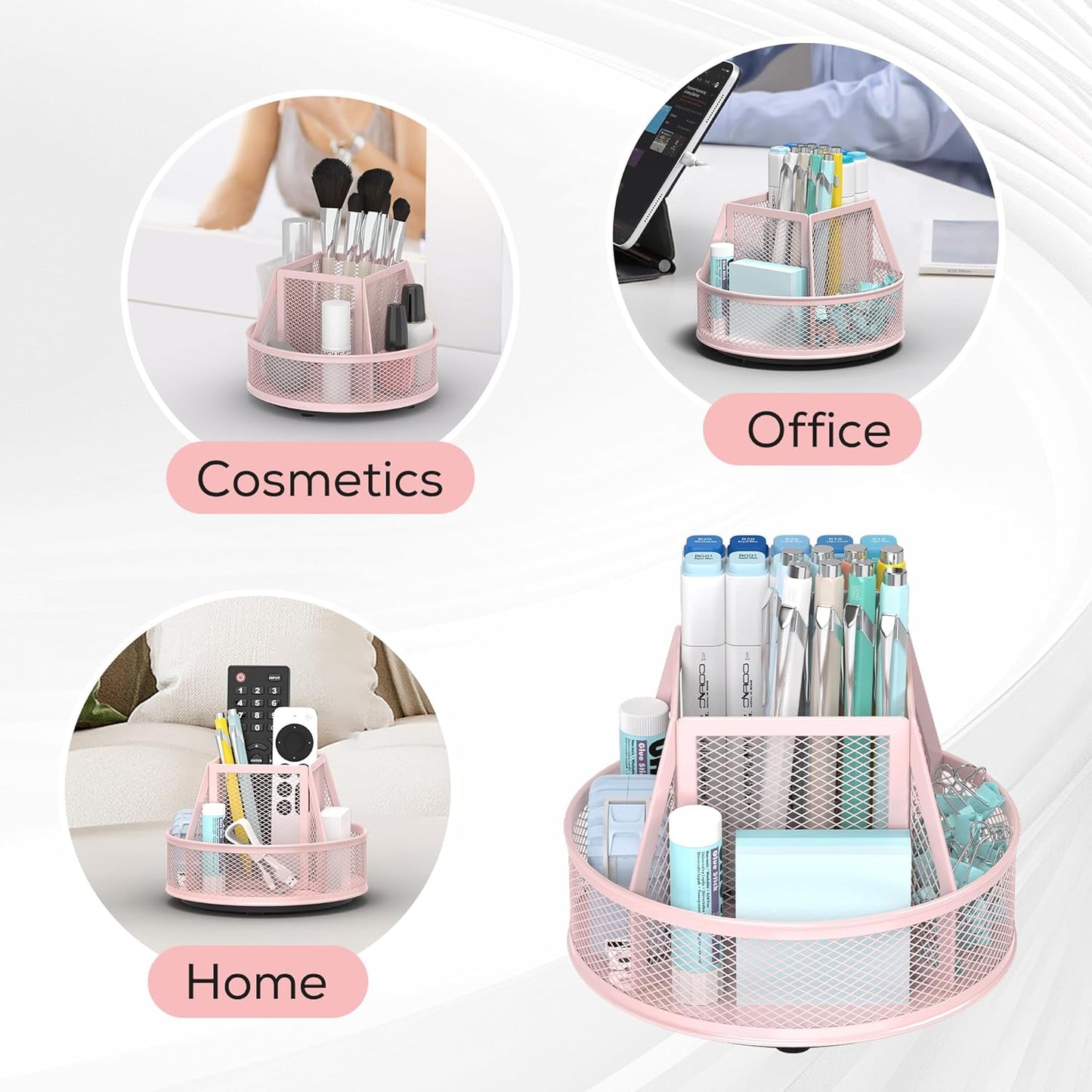 YINGHUA Metal Mesh Desk Organizer with 5 Compartments and Rotating Pencil Holder Pen and Stationery Organizer for Office Home School Anti Slip Base Pink