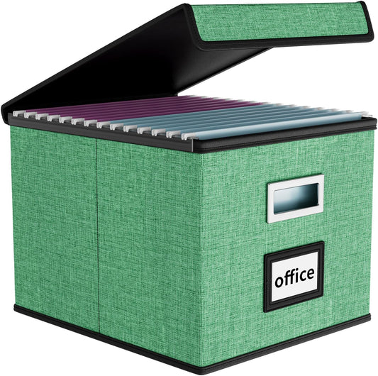 Huolewa Decorative File Organizer Box with Lid, Collapsible File Storage Organizer Boxes with Lids, Linen Hanging Filing&Storage Boxes for Office/Decor/Home, Filing System for File and Folders Storage