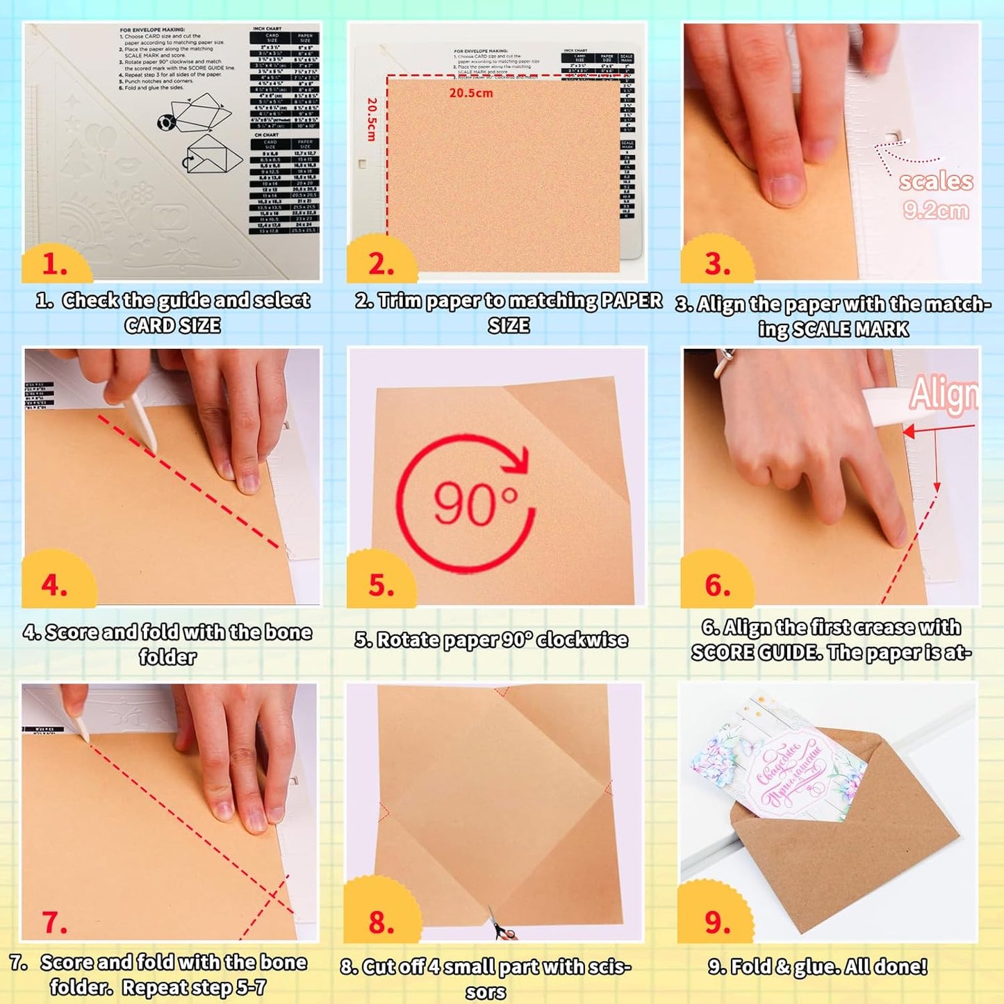 Scoring Board, Envelope Maker, Envelope Punch Board, Scoring Tool, Small Score Board for Paper Crafts, Multi-Purpose Scoring Board for Card Making, Mini Envelope Making and Gift Box Making