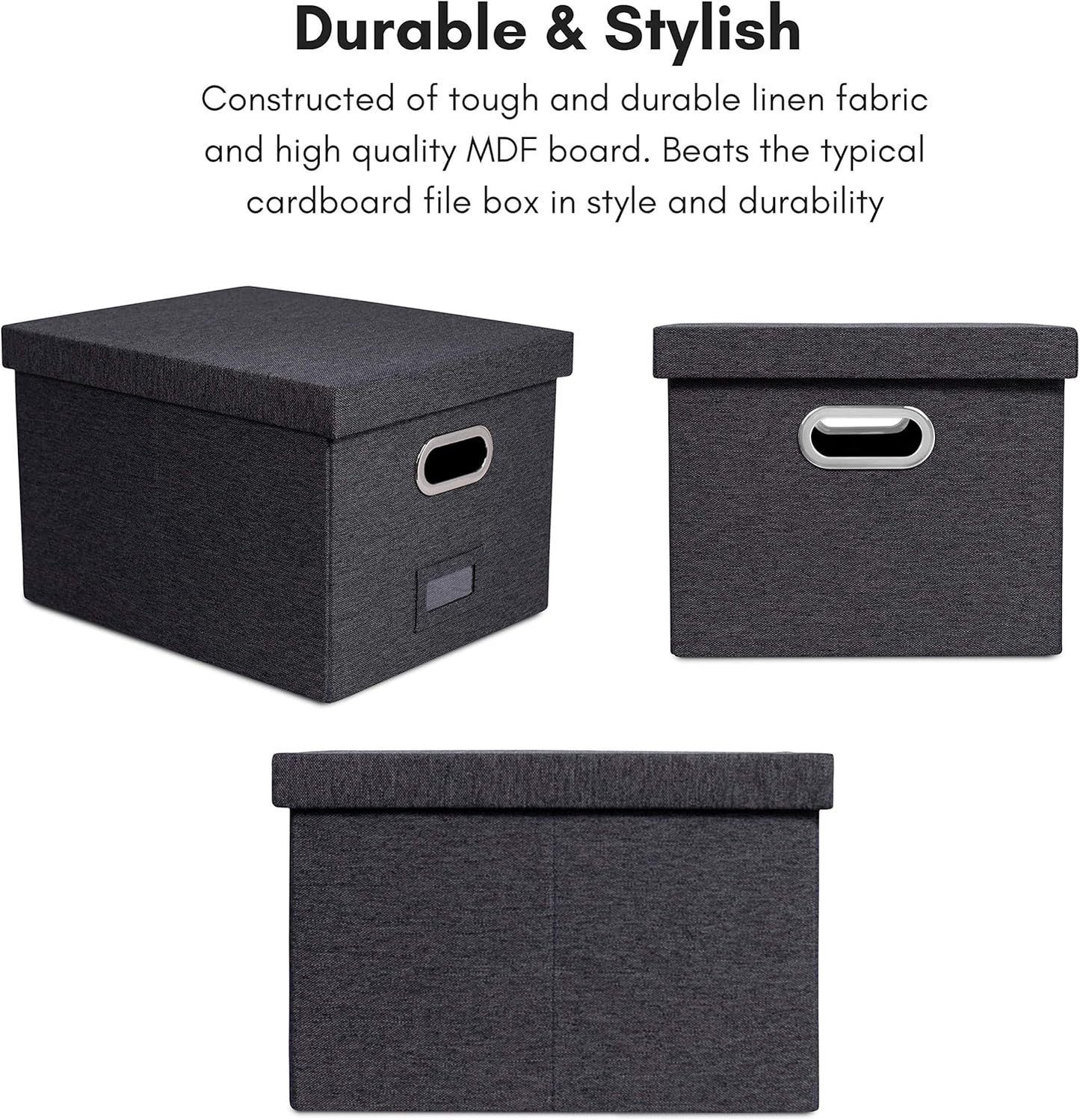 Internet's Best Collapsible File Storage Organizer with Lid - Decorative Linen Filing & Storage Office Box – Hanging Letter/Legal Folder – Home Office Bins Cabinet – Charcoal Container - 6 Pack
