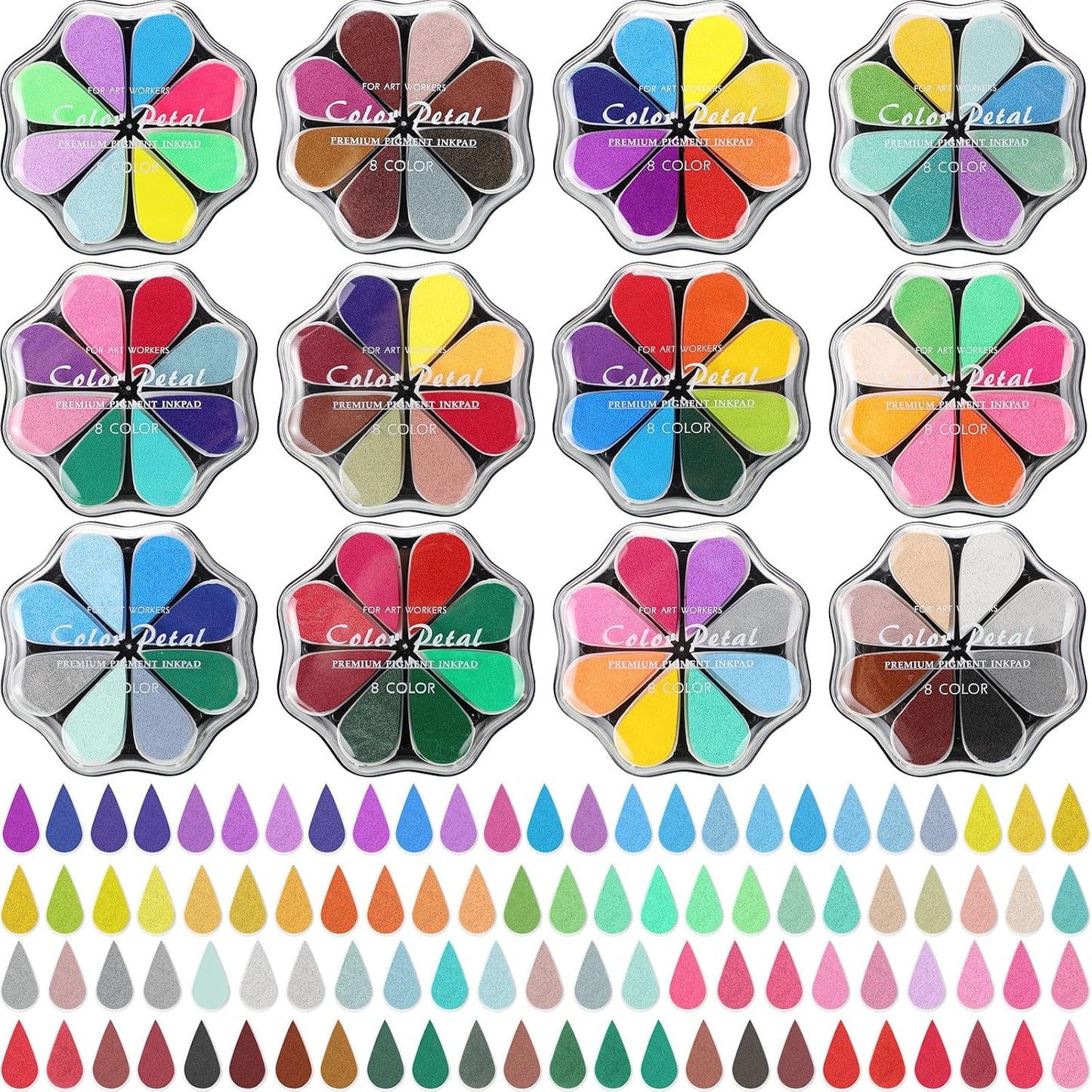 Jetec 12 Packs Petal Ink Pads Finger Ink Stamp, Rainbow Rubber Stamps Washable Waterdrop Shaped Stamp Pads for Card Making, Scrapbook, Painting (96 Colors)