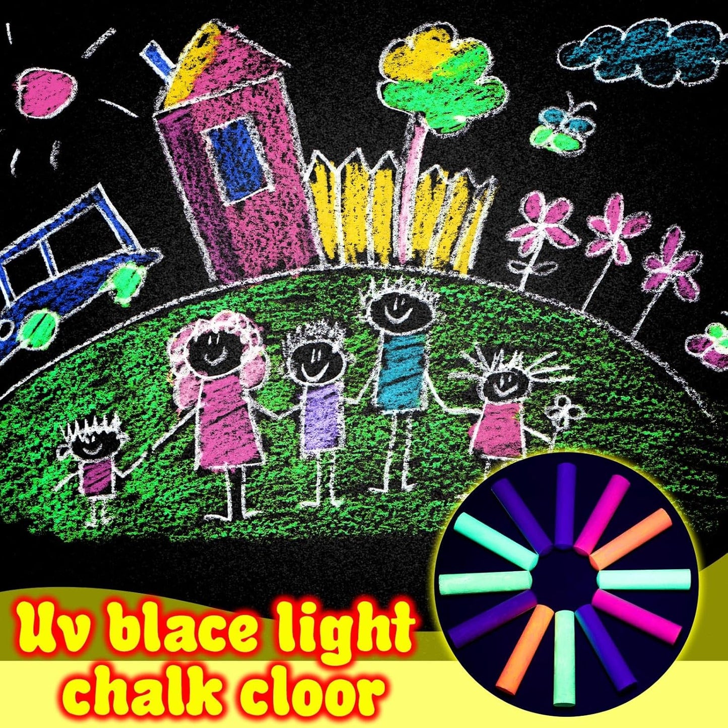 12 Pcs Glow in the Dark Chalk Under Blacklight, 6 Neon Colors Washable Dustless UV Sidewalk Chalk for Black Light Party Playground Chalkboard Birthday Gift and Outdoor Drawing (Cylindrical)
