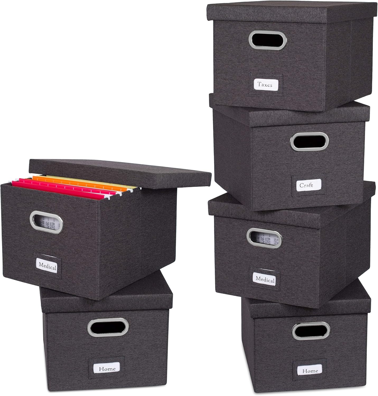 Internet's Best Collapsible File Storage Organizer with Lid - Decorative Linen Filing & Storage Office Box – Hanging Letter/Legal Folder – Home Office Bins Cabinet – Charcoal Container - 6 Pack