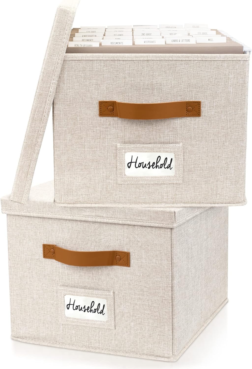ZICOTO Decorative File Organizer Box Set of 2 - Collapsible Linen Filing Cabinets w/Handles Are Perfect to Store all Your Documents & Hanging File Folders - Portable Easy Slide Crates with Lid