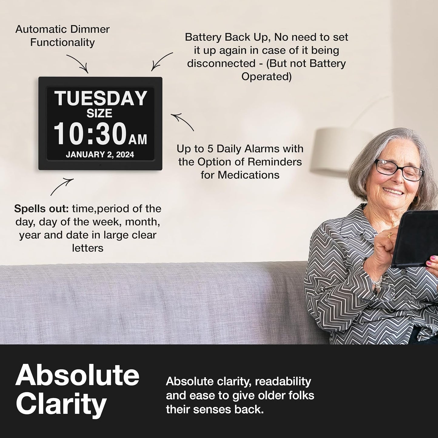 American Lifetime Dementia Clock 2025 Large Digital Display for Seniors with Day and Date, Alzheimer’s Calendar with Custom Alarms, 12-Inch Screen, Black