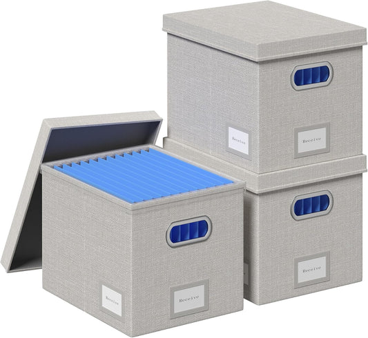 File Organizer Box File Boxes for Hanging Files with Lid Set of 3 Decorative Hanging Folders Organizer with One-Piece Plastic Frame Slides (13.2 * 10.1 * 10.1in(3Pack), Light Grey)