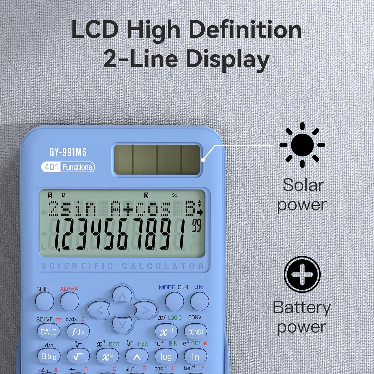 Scientific Calculator School Supplies, ROATEE 991MS 401 Functions 2-Line Display Desktop Calculator with Sliding Cover, Solar Battery Dual Power Kawaii for Middle High School Student and Teacher Blue